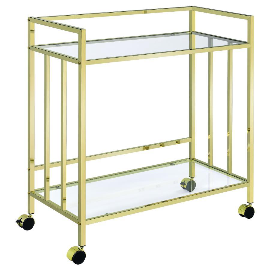 Cara - 2-tier Rectangular Glass Shelf Metal Bar Cart Gold by CoasterEssence | Bel Furniture