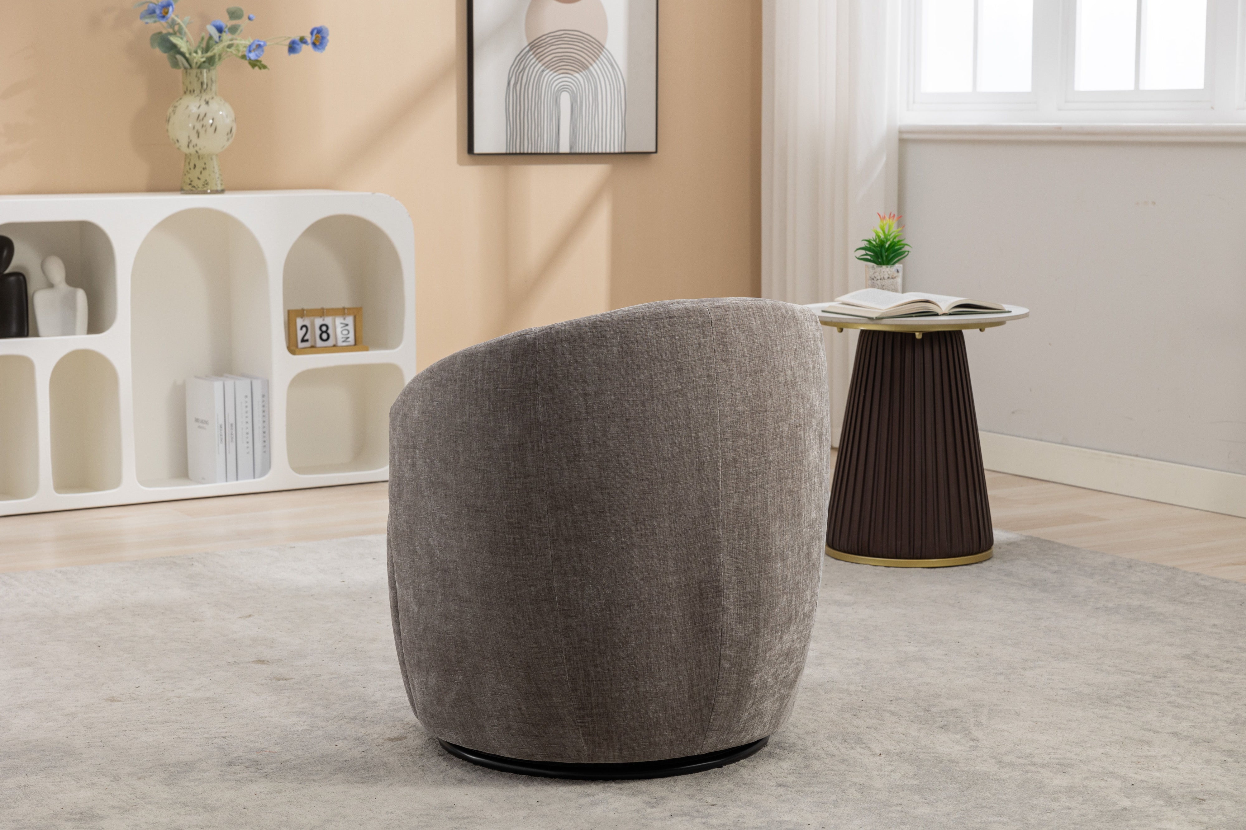 Chenille Fabric Swivel Accent Armchair Barrel Chair With Powder Coating Metal Ring