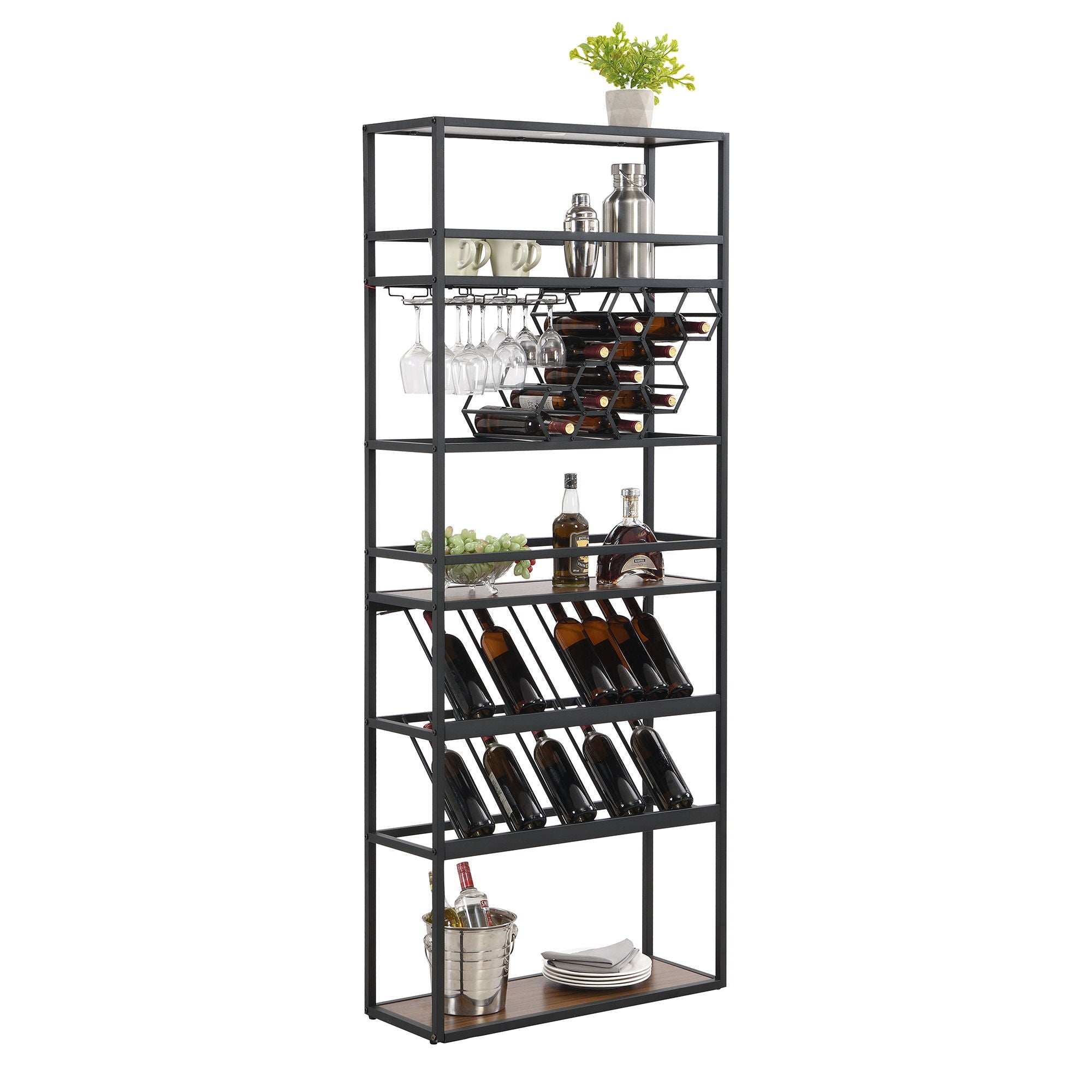 LED Tall Wine Rack Freestanding Floor, 7 Tier Wine Baker Rack With Glass Holder & Wine Storage, Industrial Wine Display Shelf Wine Bar Cabinet For Bar, Kitchen, Dining Room