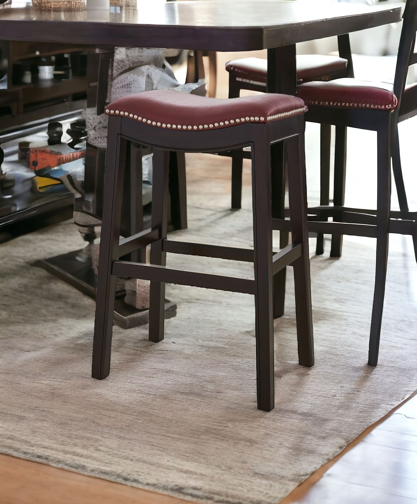 Solid Wood Backless Bar Chair - Dark Red / Espresso