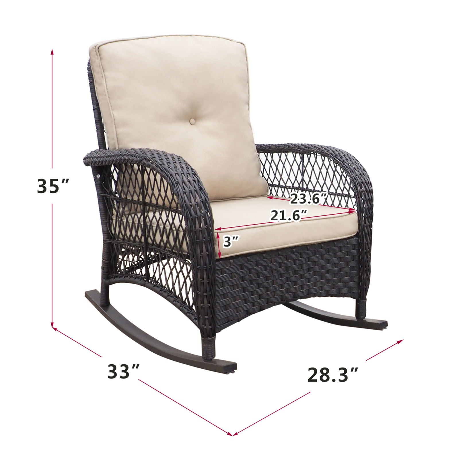 Garden Rocking Chair, Outdoor Rattan Rocker Chair With All-Weather Hand-Woven Resin Wicker, Patio Relaxing Lounge Furniture With Powder-Coated Metal Frame For Backyard, Porch - Brown / Beige