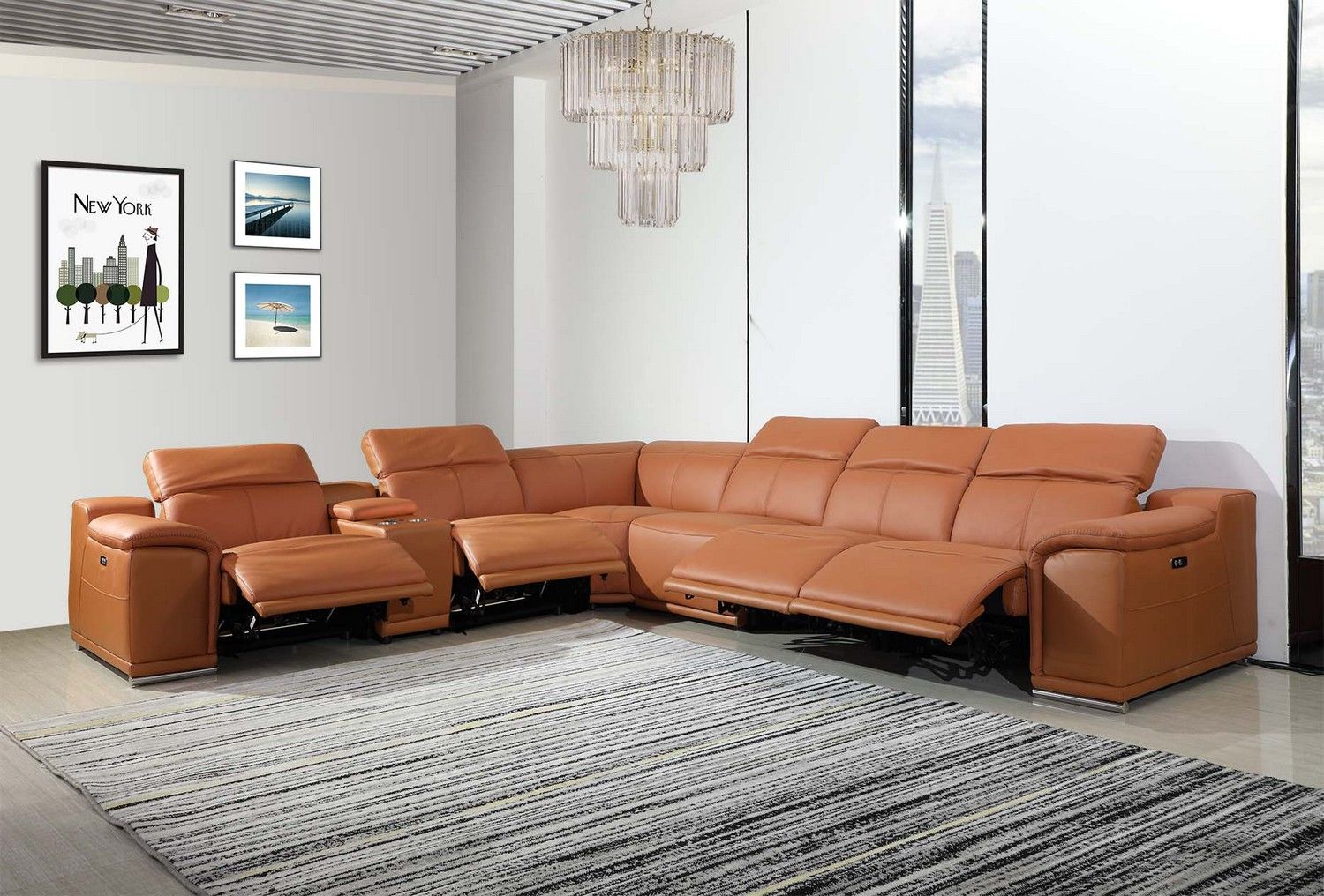 Power Reclining Italian Leather U Shaped Seven Piece Corner Sectional With Console - Camel