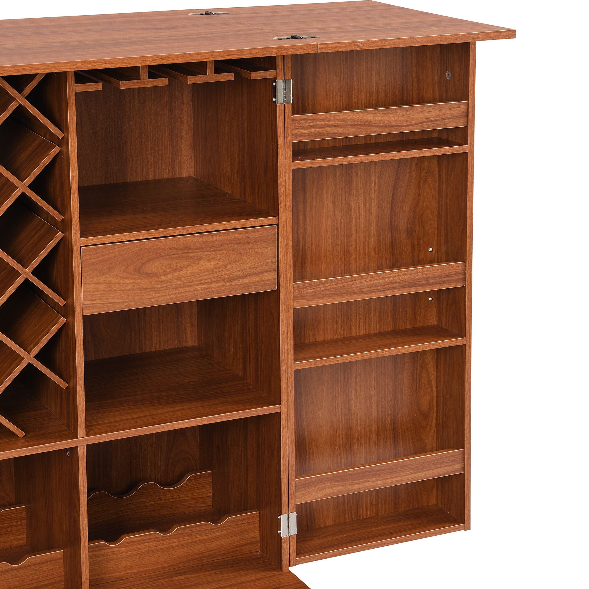 Home Bar Cabinet, Industrial Rattan Door Fold Out Bar Cabinet With Storage Bar Table - Walnut