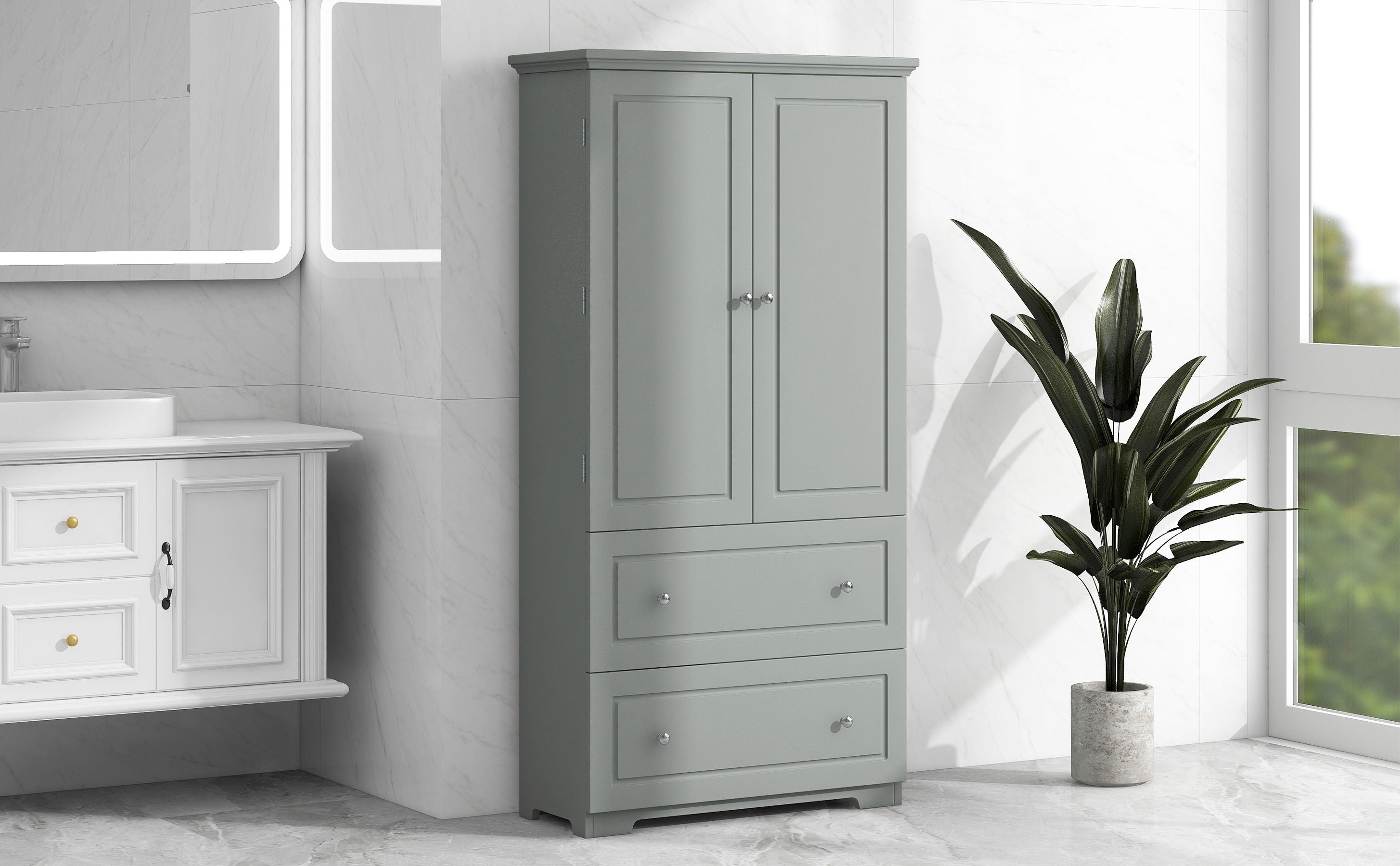 Wide Bathroom Storage Cabinet, Freestanding Storage Cabinet With Two Drawers And Adjustable Shelf, MDF Board With Painted Finish - Gray