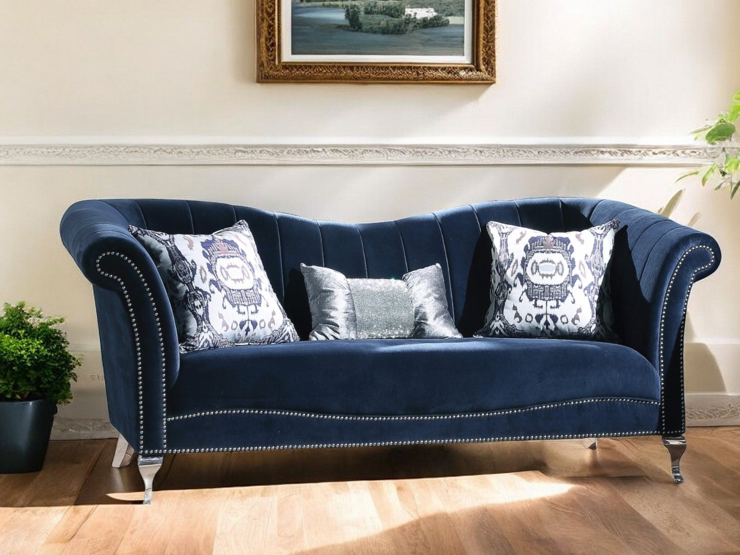 Velvet Curved Settee And Toss Pillows With Silver Legs - Blue