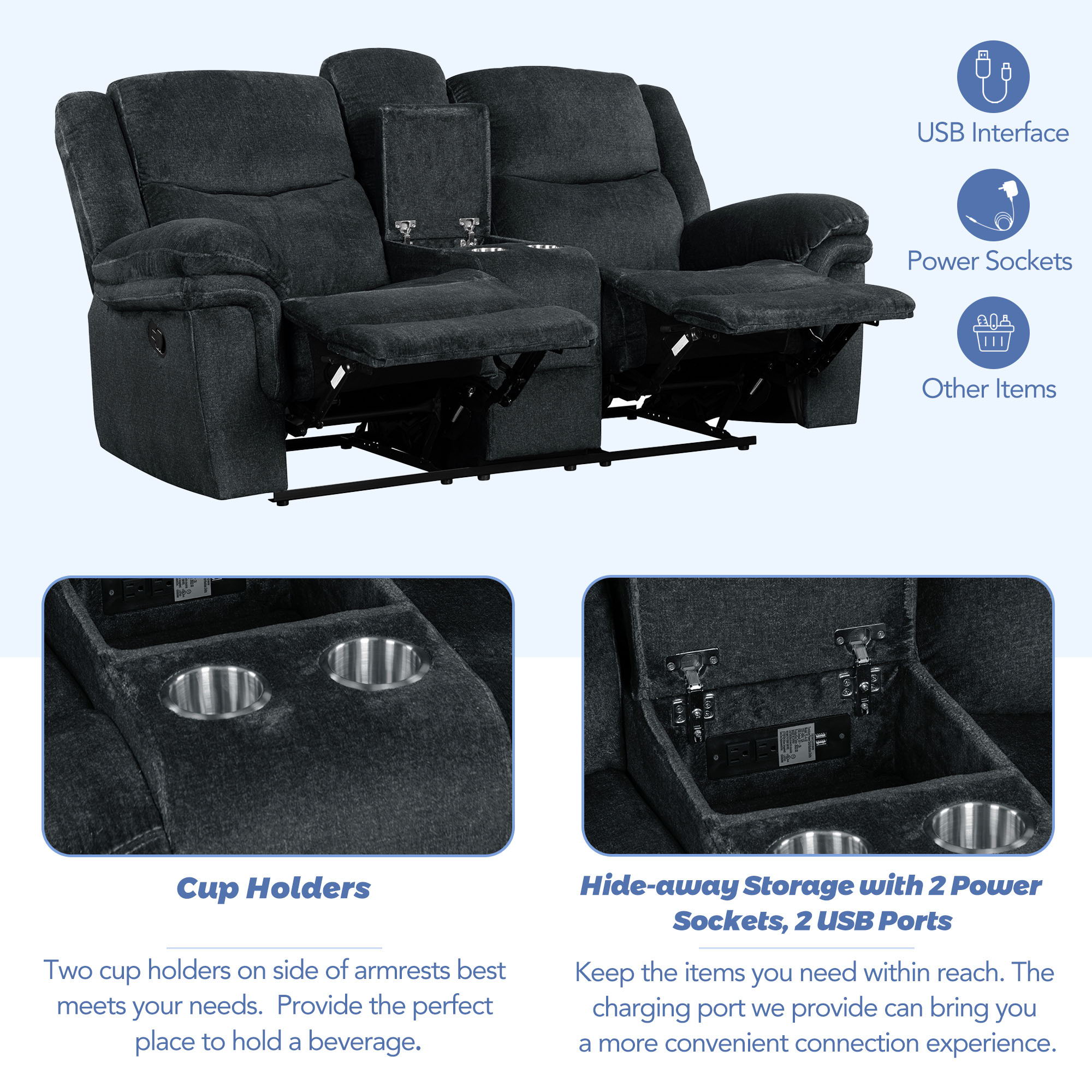 Home Theater Seating Manual Reclining Sofa With Hide-Away Storage, Cup Holders, 2 USB Ports, 2 Power Sockets For Living Room, Bedroom - Dark Blue