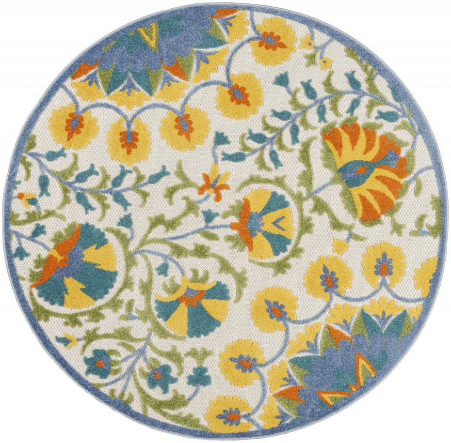 4' Round Round Floral Area Rug Outdoor / Indoor - Blue / Ivory