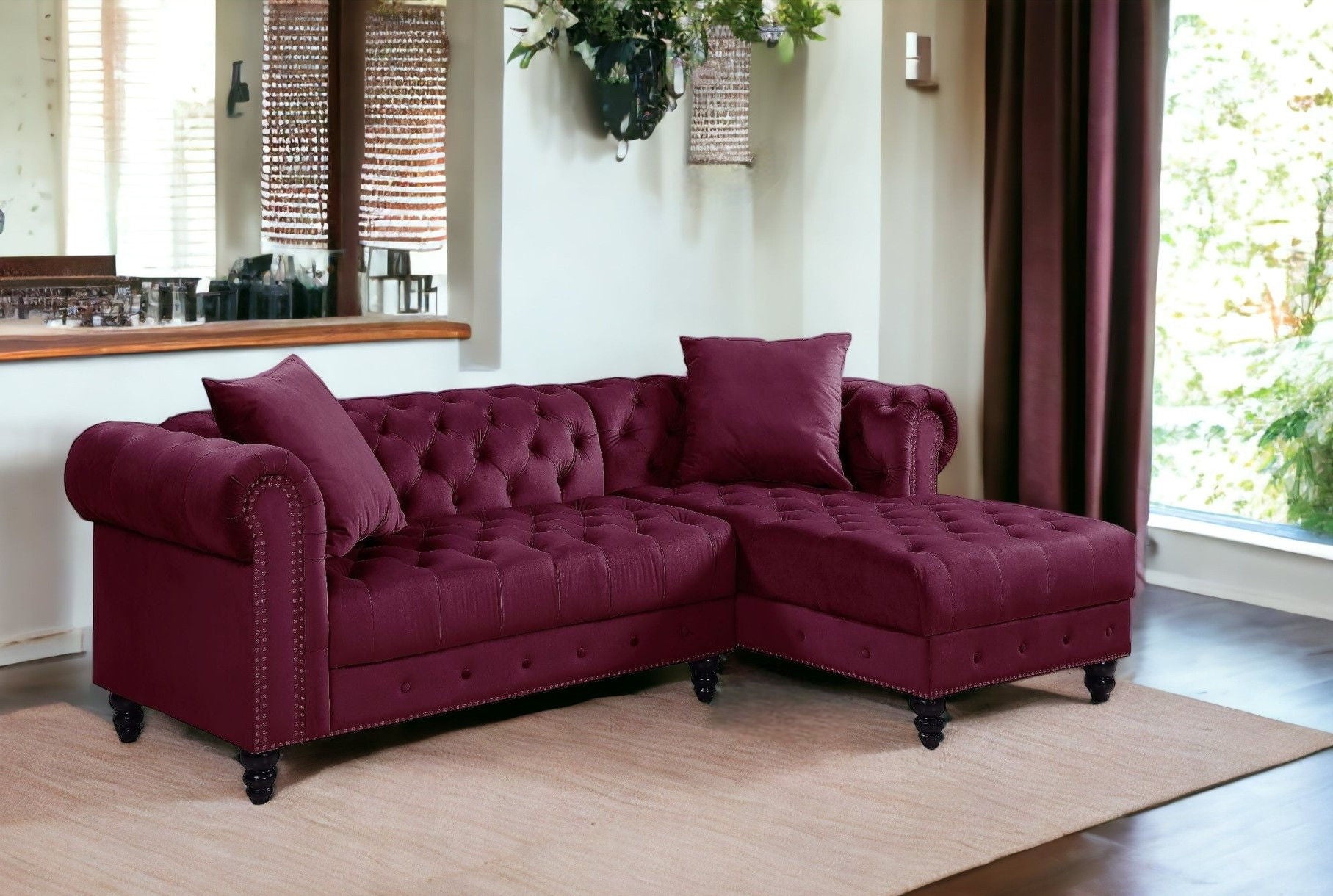 Velvet L Shaped Sofa And Chaise Sectional And Toss Pillows - Red