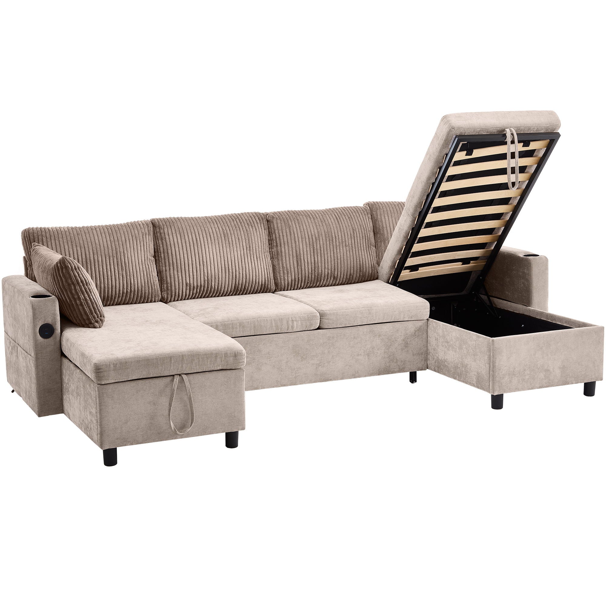 Sectional Sofa Pull Out Sofa Bed Versatile Sofa Sleeper With Large Storage Space, Two USB Ports And Two Cup Holders For Living Room