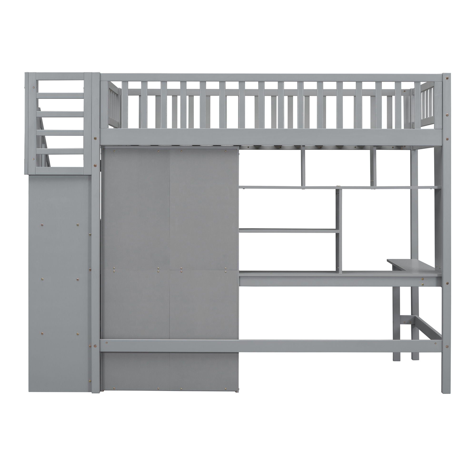 Twin Size Loft Bed With Bookshelf, Drawers, Desk, And Wardrobe - Gray