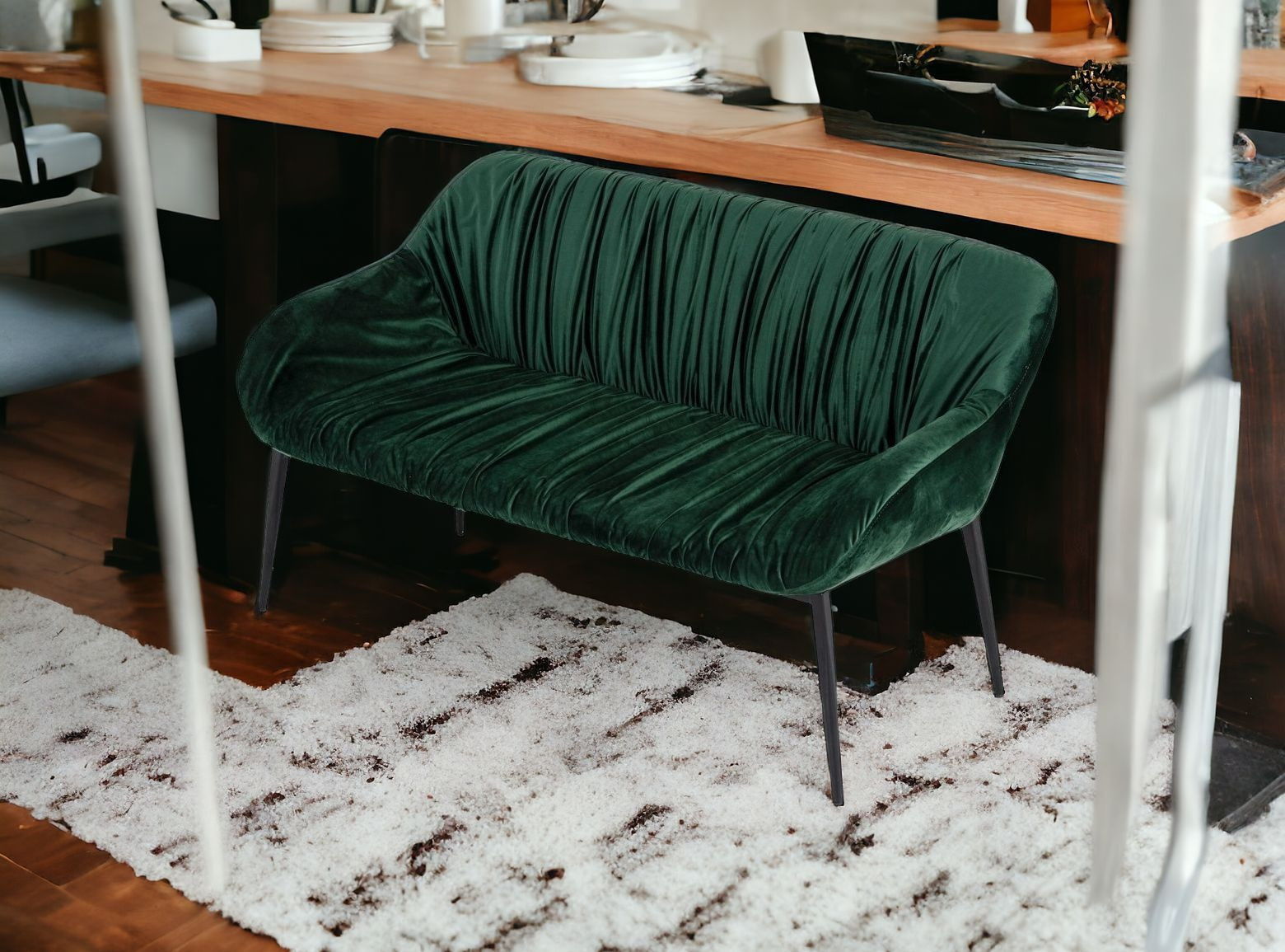 Upholstered Velvet Dining Bench - Green / Dark Brown