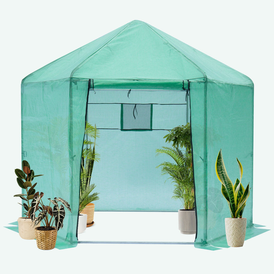 Walk-in Greenhouse Hexagonal Upgrade Reinforced Frame Heavy Duty Plastic Greenhouse Reinforced Thickened Waterproof Insulation (9.2*8.1 ft) - Green