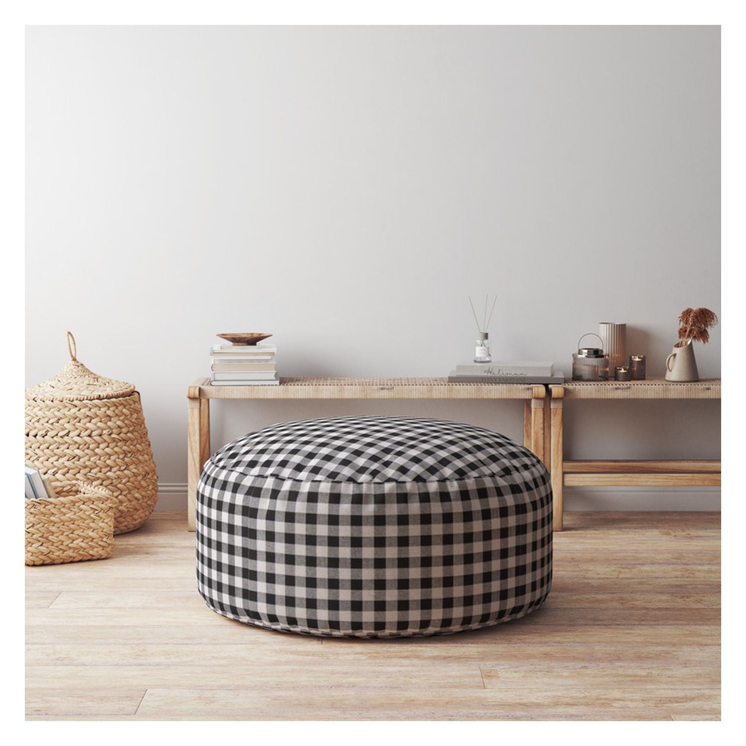 Cotton Round Gingham Pouf Ottoman - Gray / Black