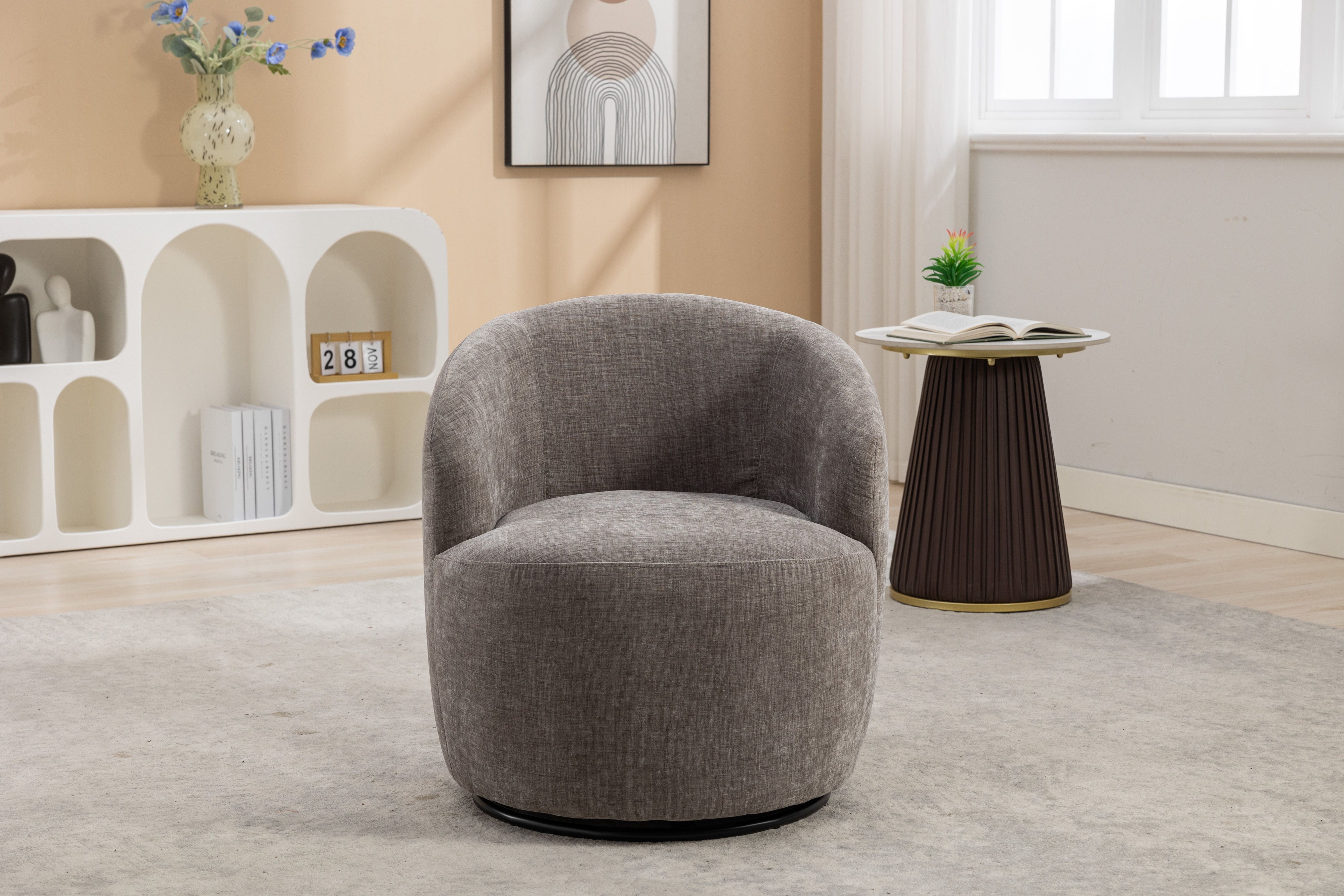 Chenille Fabric Swivel Accent Armchair Barrel Chair With Powder Coating Metal Ring