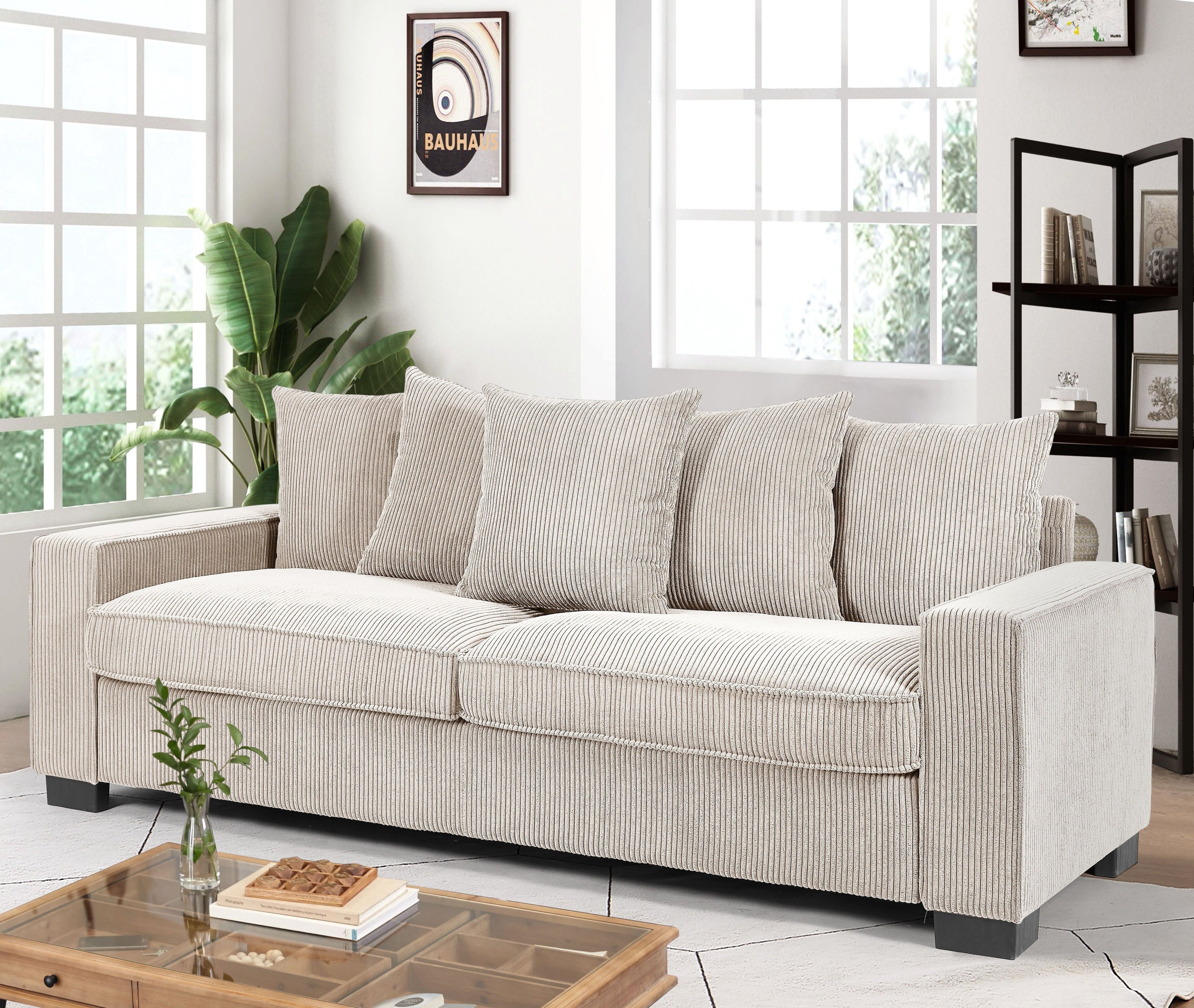 Luxe Corduroy Sofa With 5 Matching Toss Pillows, Sleek Design, Spacious And Comfortable 3 Seater Couch