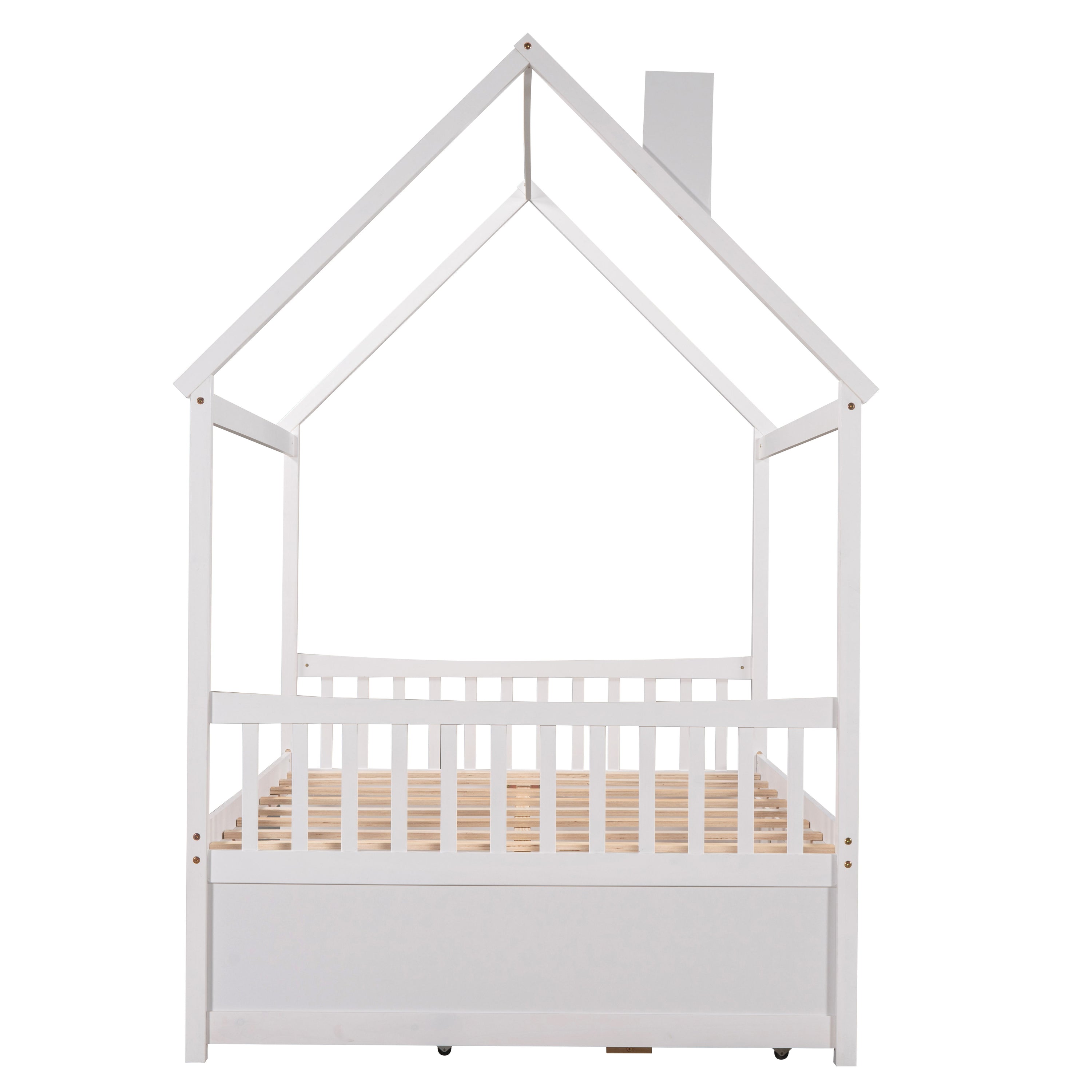 Full Size Wooden House Bed With Trundle And 3 Storage Drawers - White