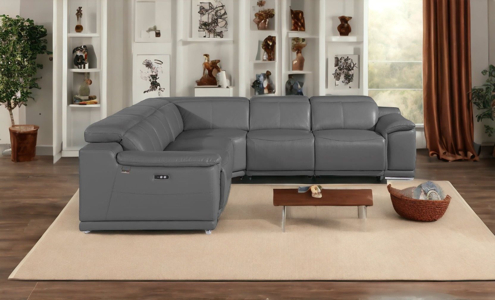 Italian Leather Power Reclining U Shaped Five Piece Corner Sectional With Console - Gray