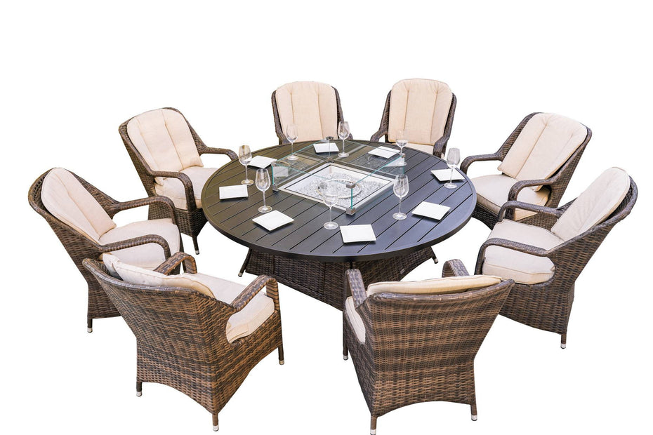 Wicker Round Outdoor Fire Pit Dining Set With 8 Chairs - Brown