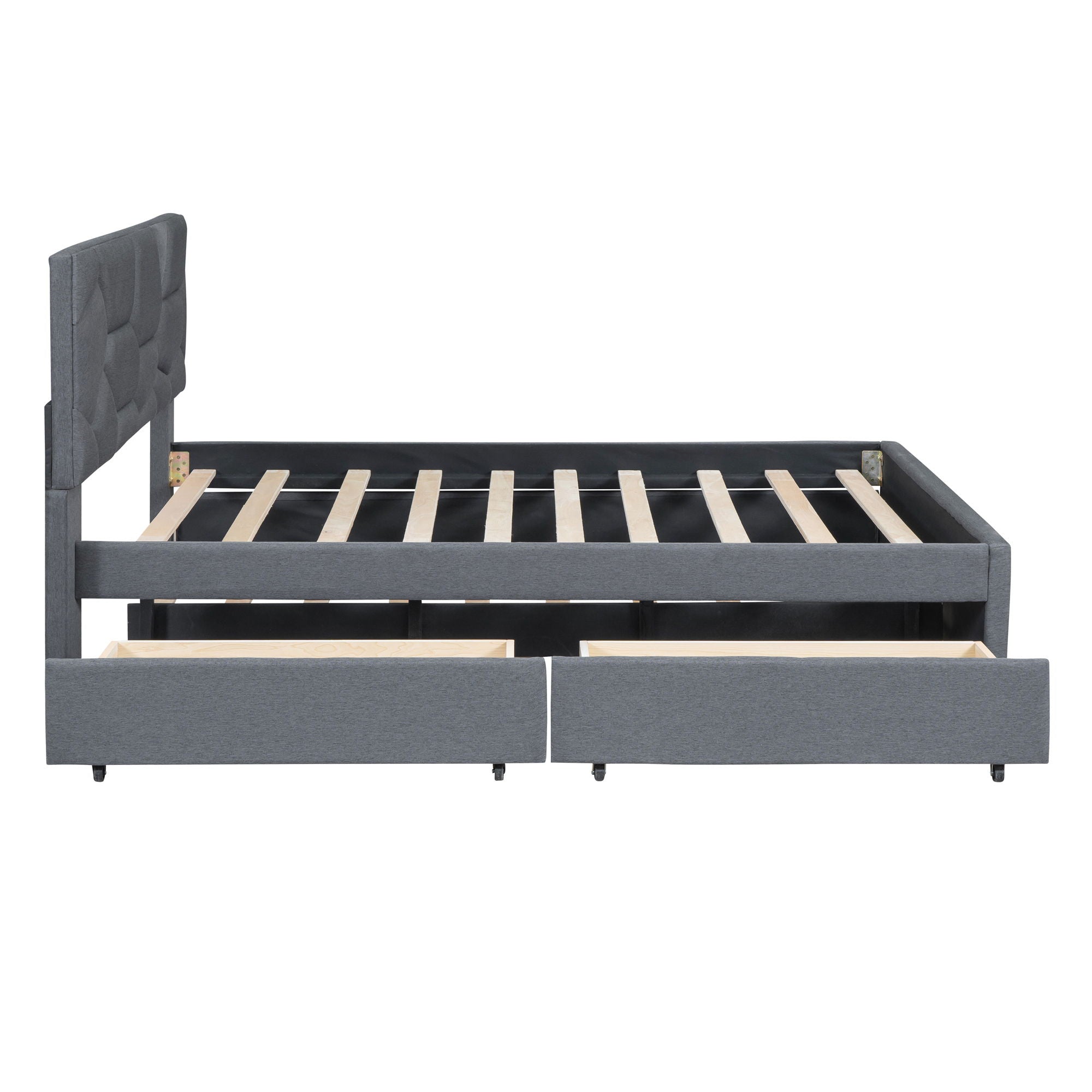 Full Size Upholstered Platform Bed With Brick Pattern Headboard, With Twin Size Trundle And 2 Drawers, Linen