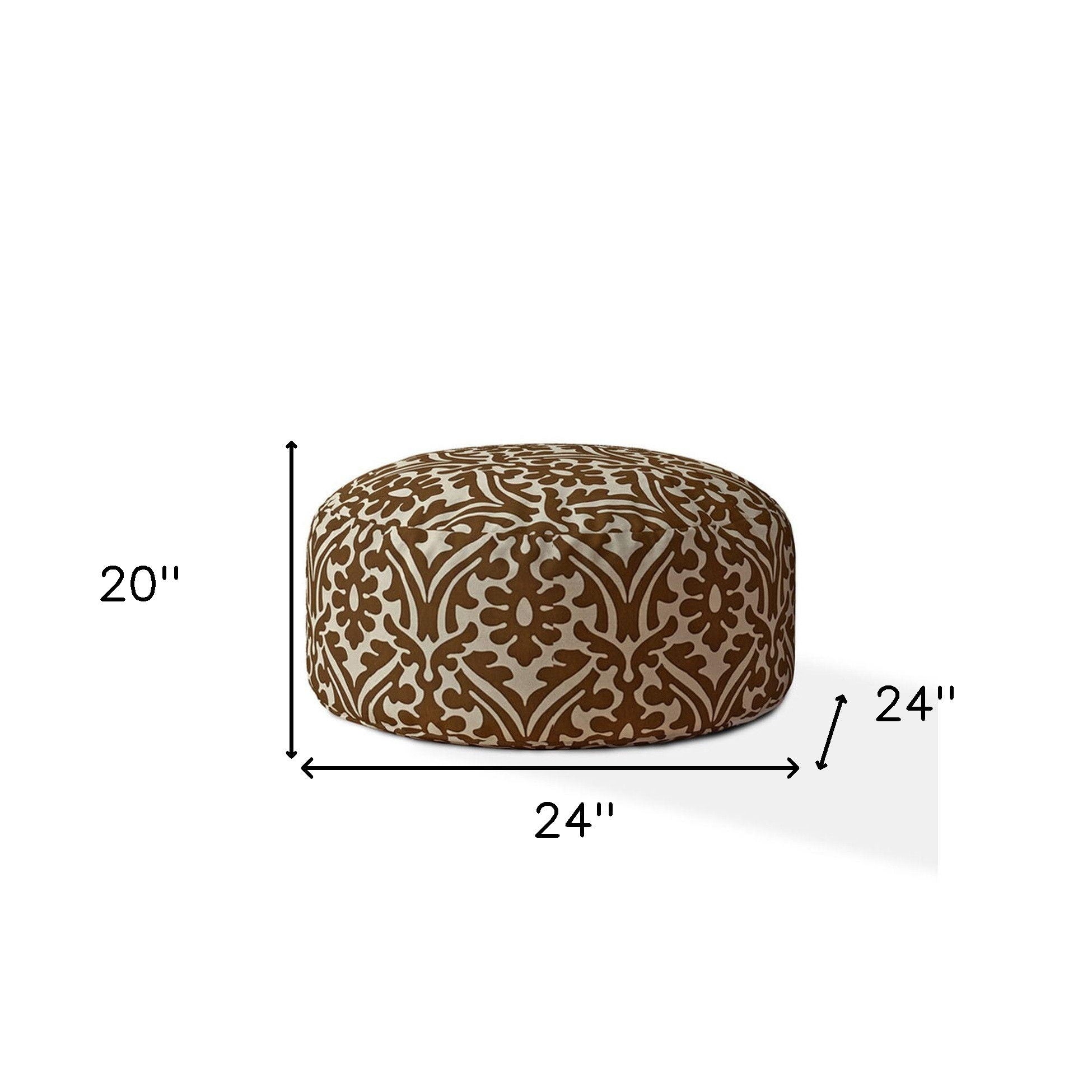 Cotton Round Damask Pouf Ottoman - Brown