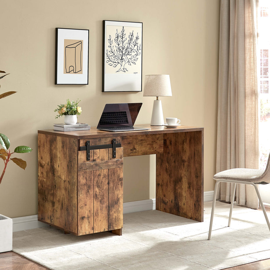 Home Office Desk One Cabinet Three Shelves Faux Barn Door On Metal Euro Hinges Modesty Panel - Distressed Wood