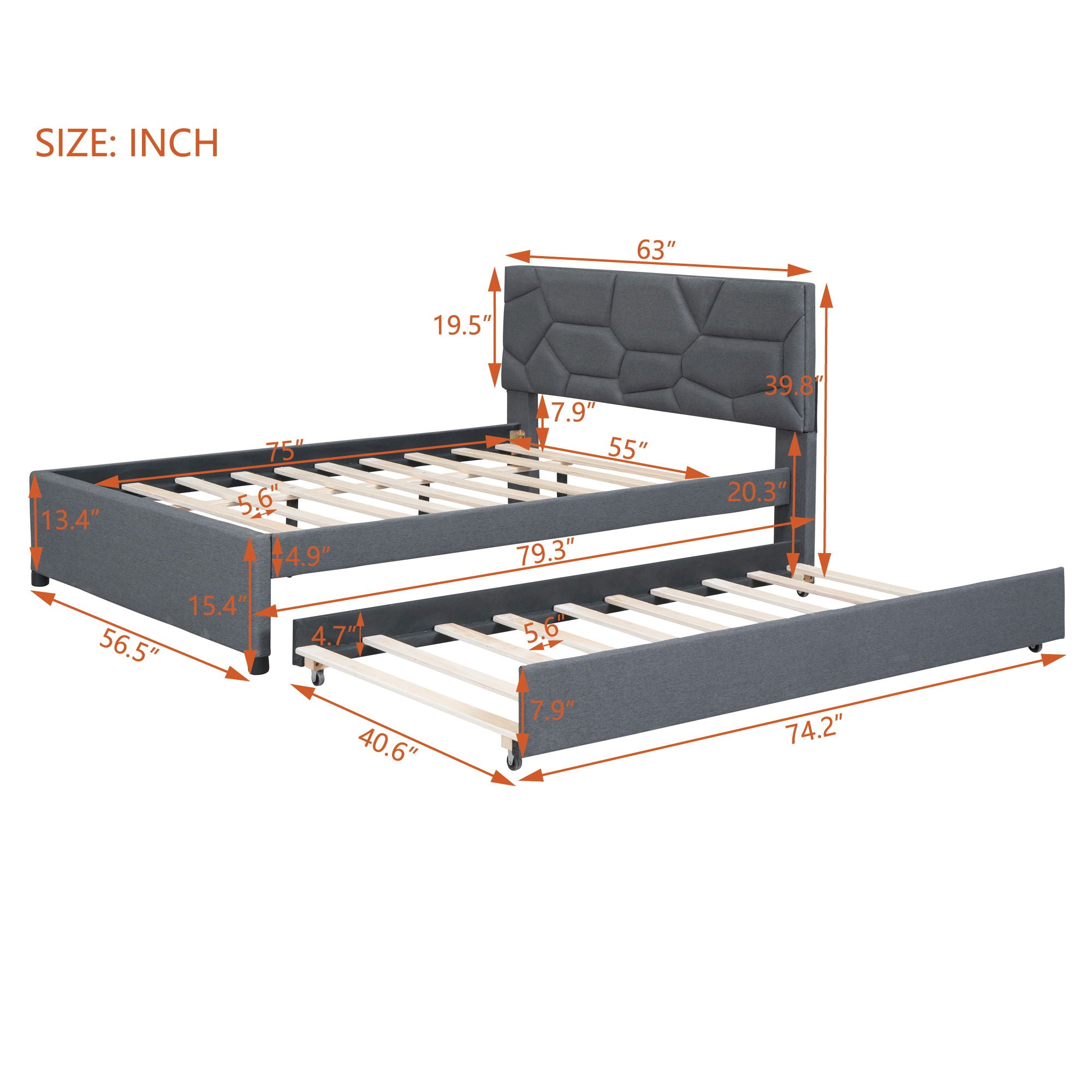 Upholstered Platform Bed With Brick Pattern Headboard And Twin Size Trundle, Linen