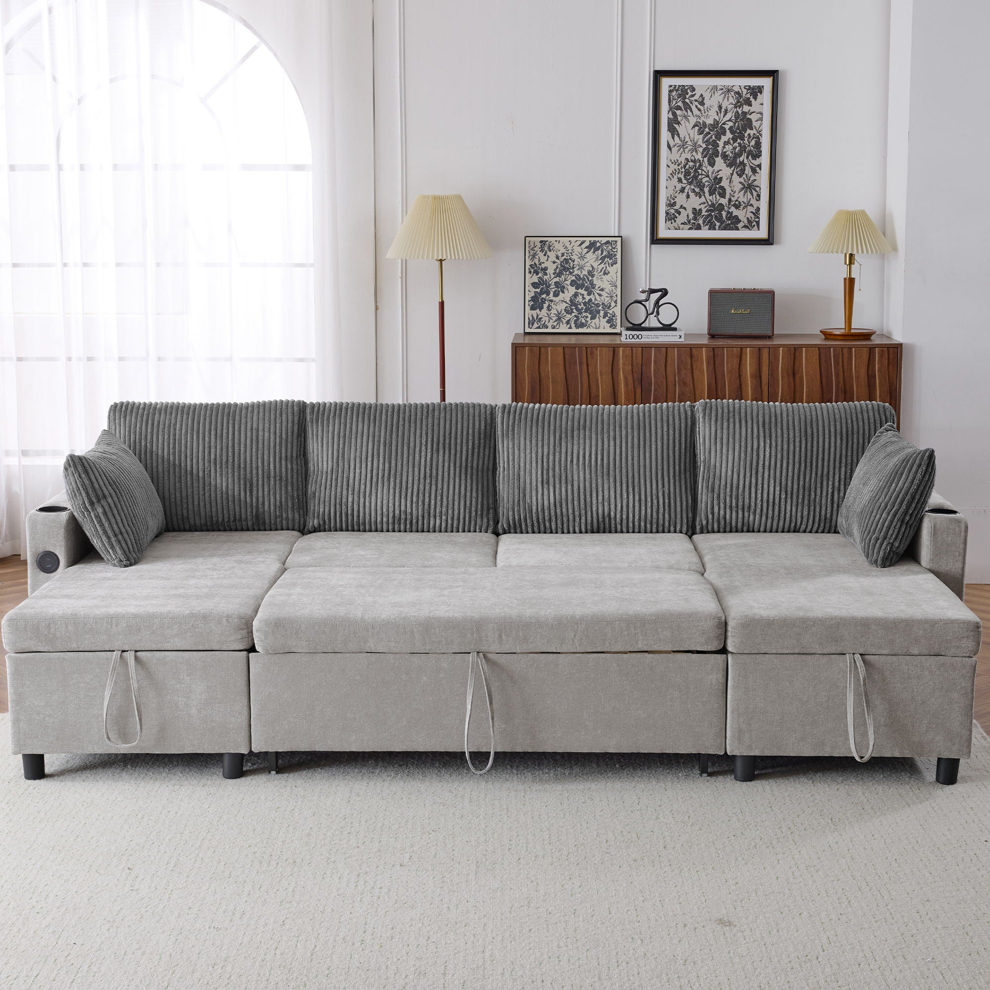 Sectional Sofa Pull Out Sofa Bed Versatile Sofa Sleeper With Large Storage Space, Two USB Ports And Two Cup Holders For Living Room