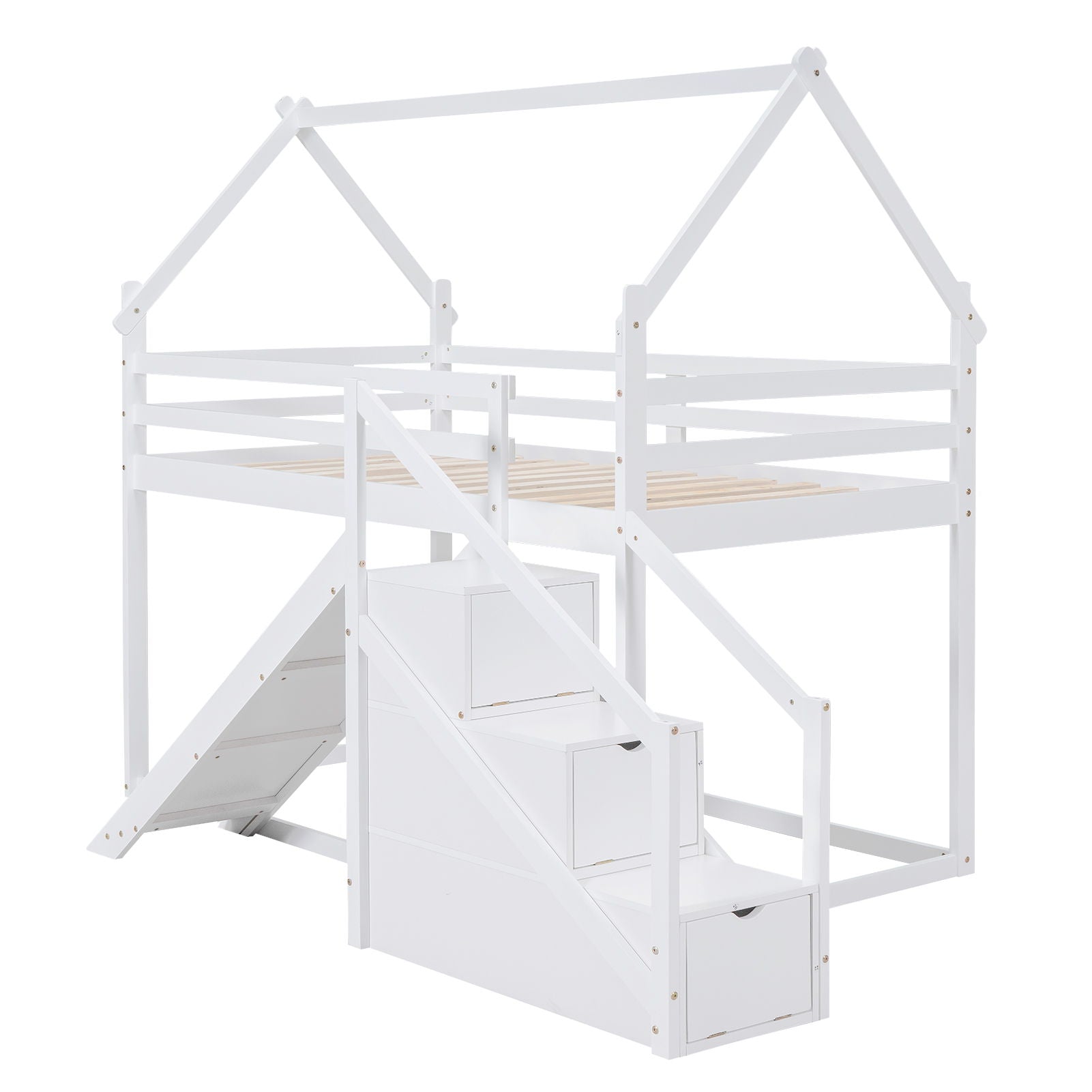 Twin Over Twin House Loft Or Bunk Bed With Slide And Staircase