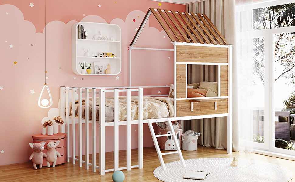 Twin Size Loft Bed With Roof, Window, Guardrail, Ladder