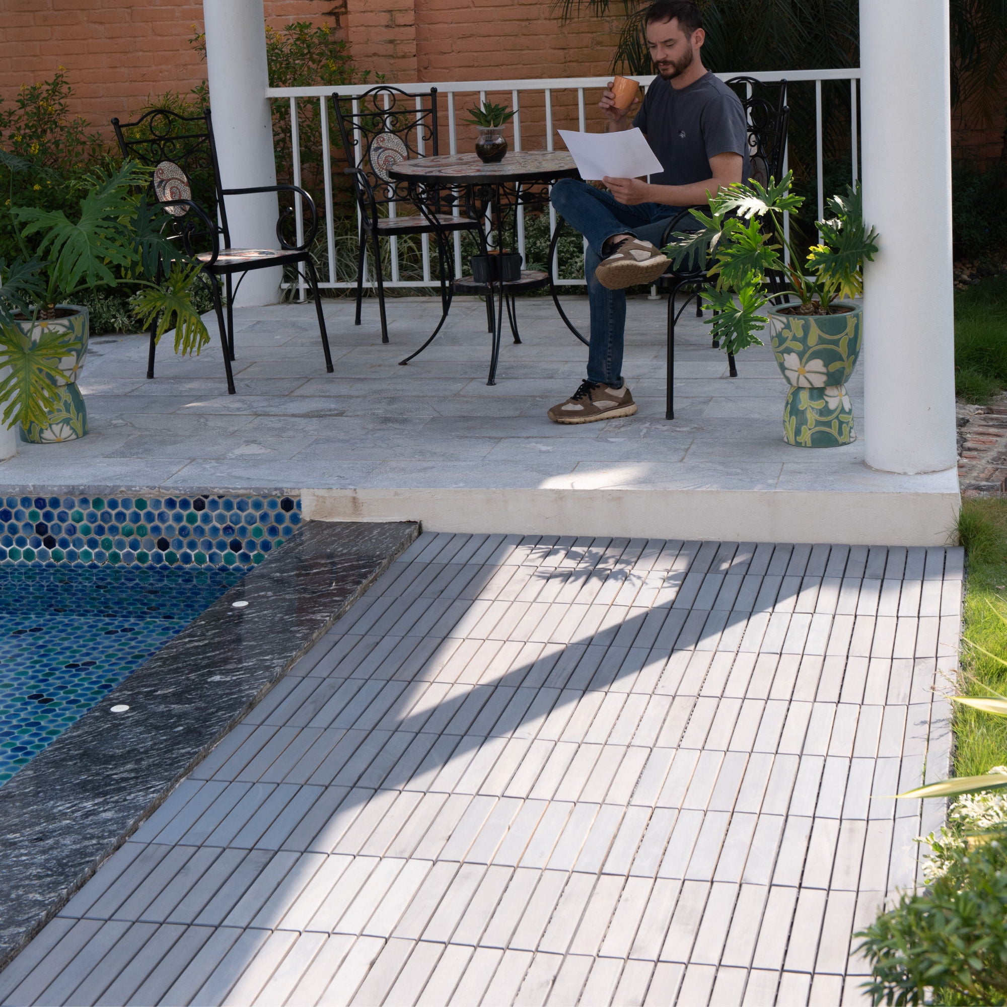 Interlocking Deck Tiles Striped Pattern, Square Acacia Hardwood Outdoor Flooring For Patio, Bancony, Pool Side