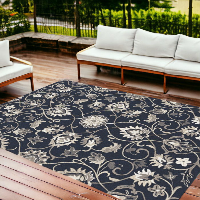 8' X 10' Hand Woven UV Treated Traditional Floral Vines Indoor / Outdoor Area Rug - Navy Blue