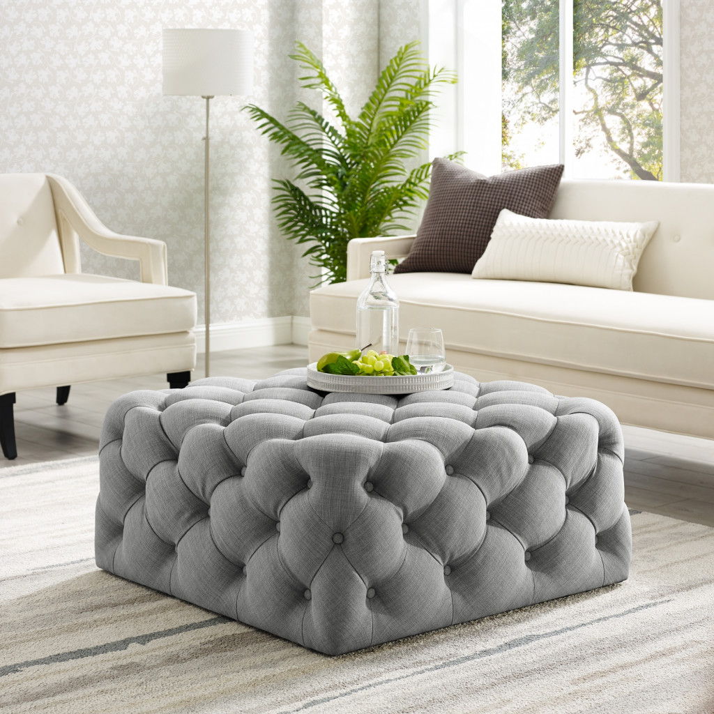 Linen Rolling Tufted Cocktail Ottoman - Light Gray