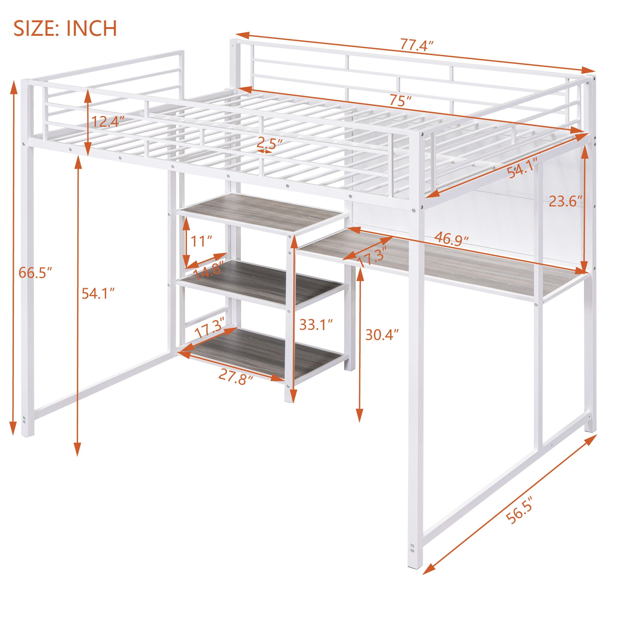 Loft Bed With Desk And Whiteboard, Metal Loft Bed With 3 Shelves And Ladder