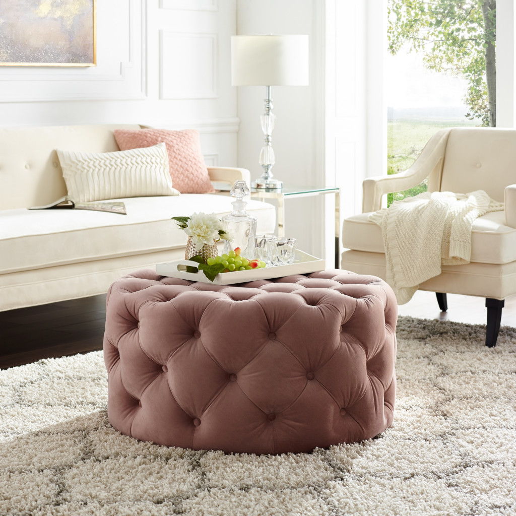 Velvet Rolling Tufted Round Cocktail Ottoman - Blush