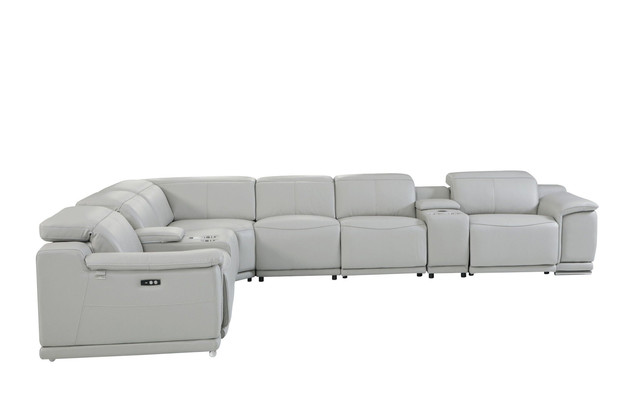 Italian Leather Power Reclining U Shaped Eight Piece Corner Sectional With Console - Light Gray