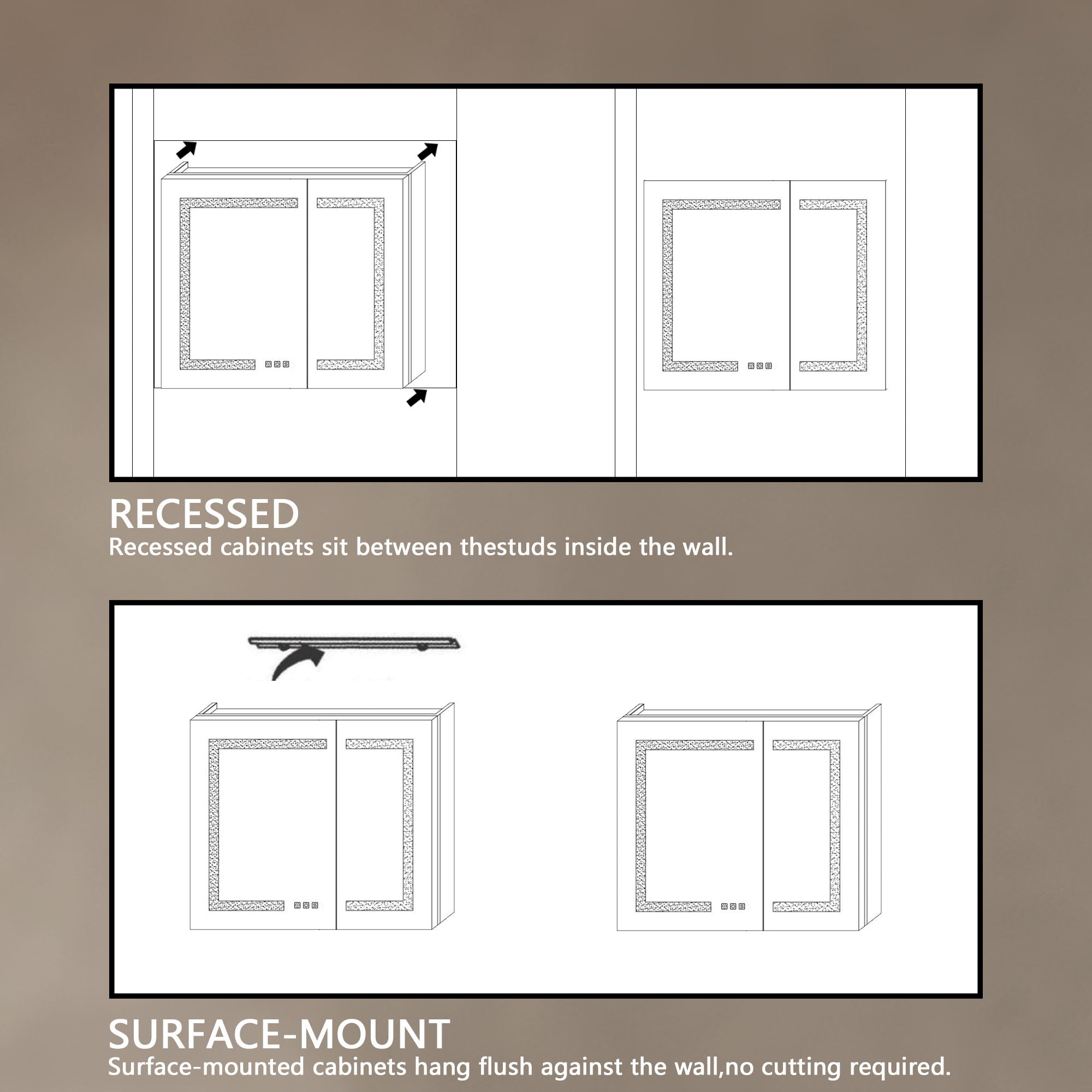 LED Lighted Bathroom Medicine Cabinet With Mirror, Recessed Or Surface LED Medicine Cabinet, Defog, Stepless Dimming, Color Temper Change, Storage Shelves