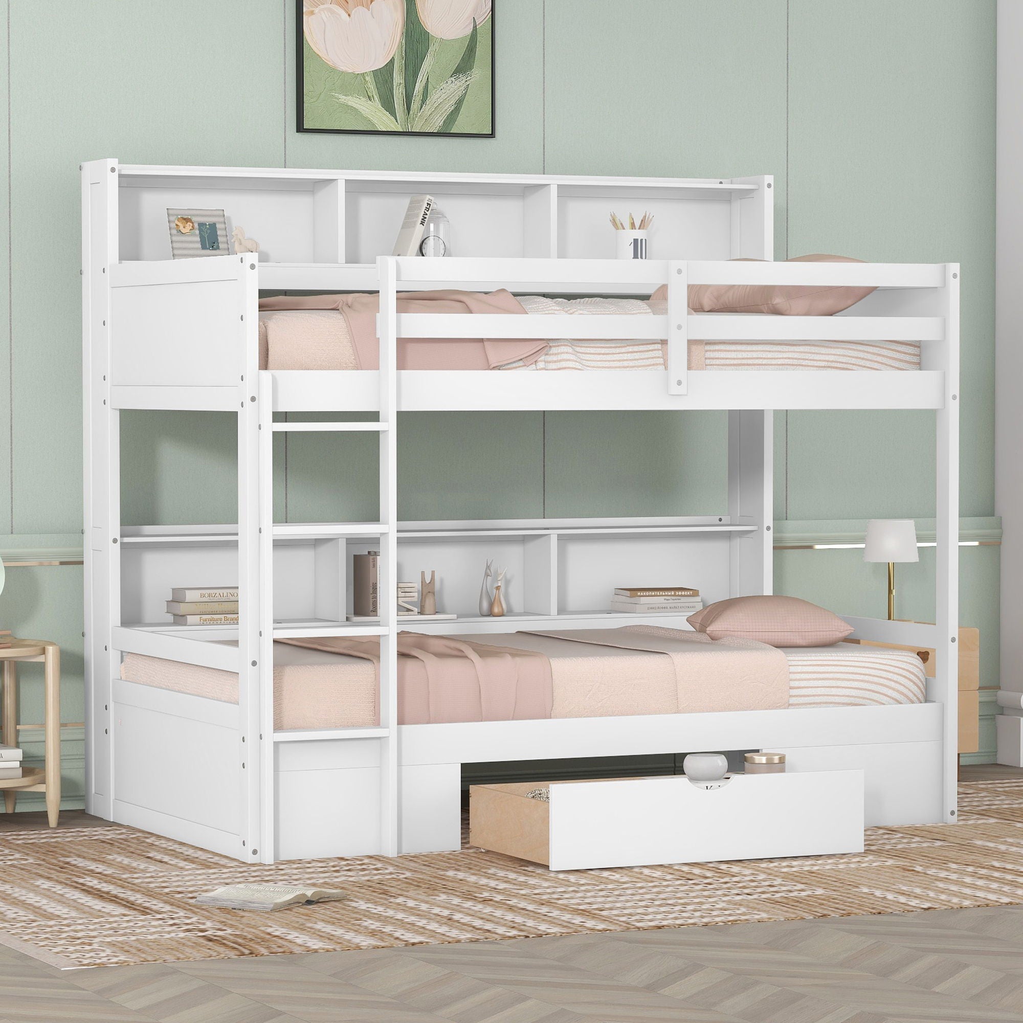 Twin Size Bunk Bed With Built-In Shelves Beside Both Upper And Down Bed And Storage Drawer