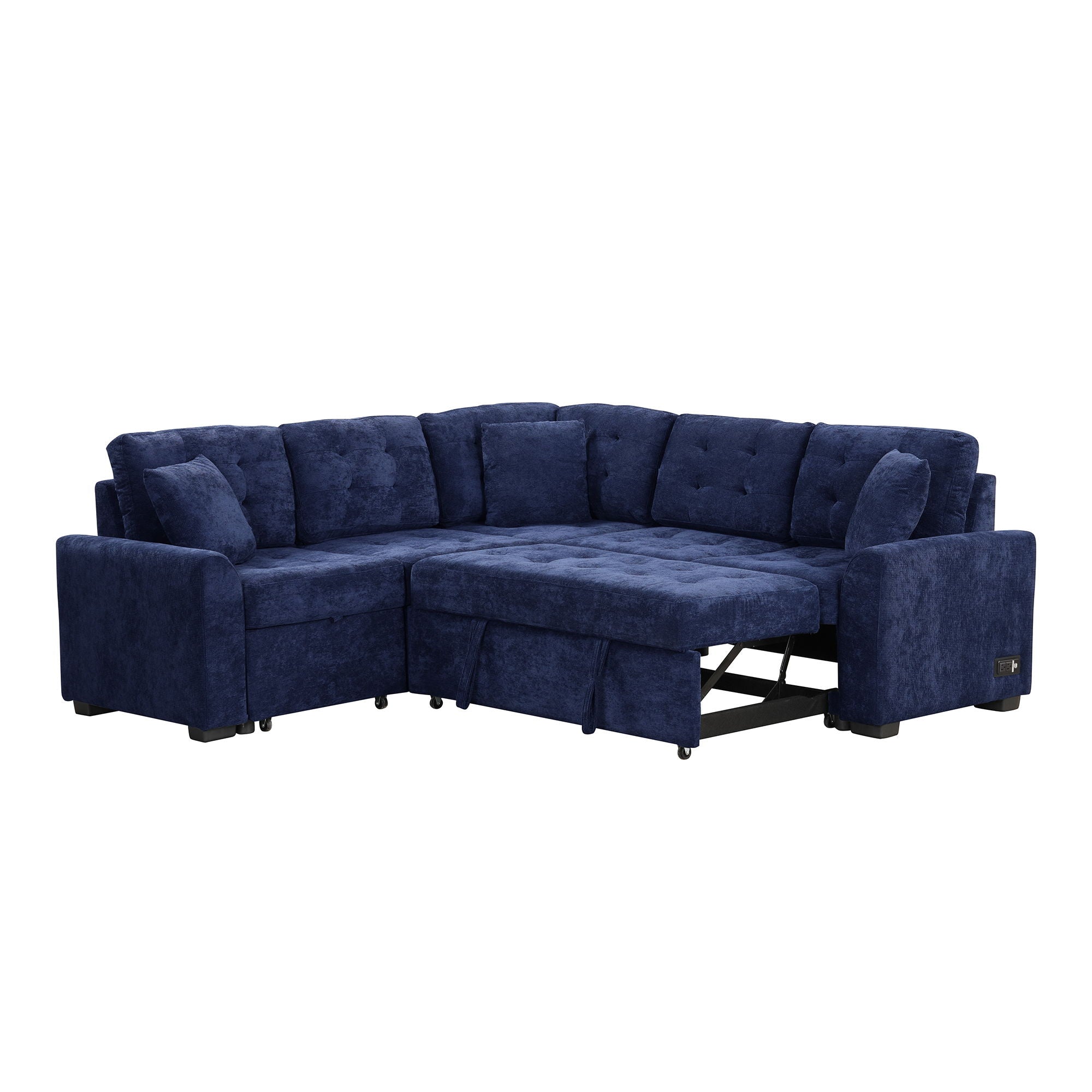 L-Shape Sofa Bed Pull-Out Sleeper Sofa With Wheels, USB Ports, Power Sockets For Living Room