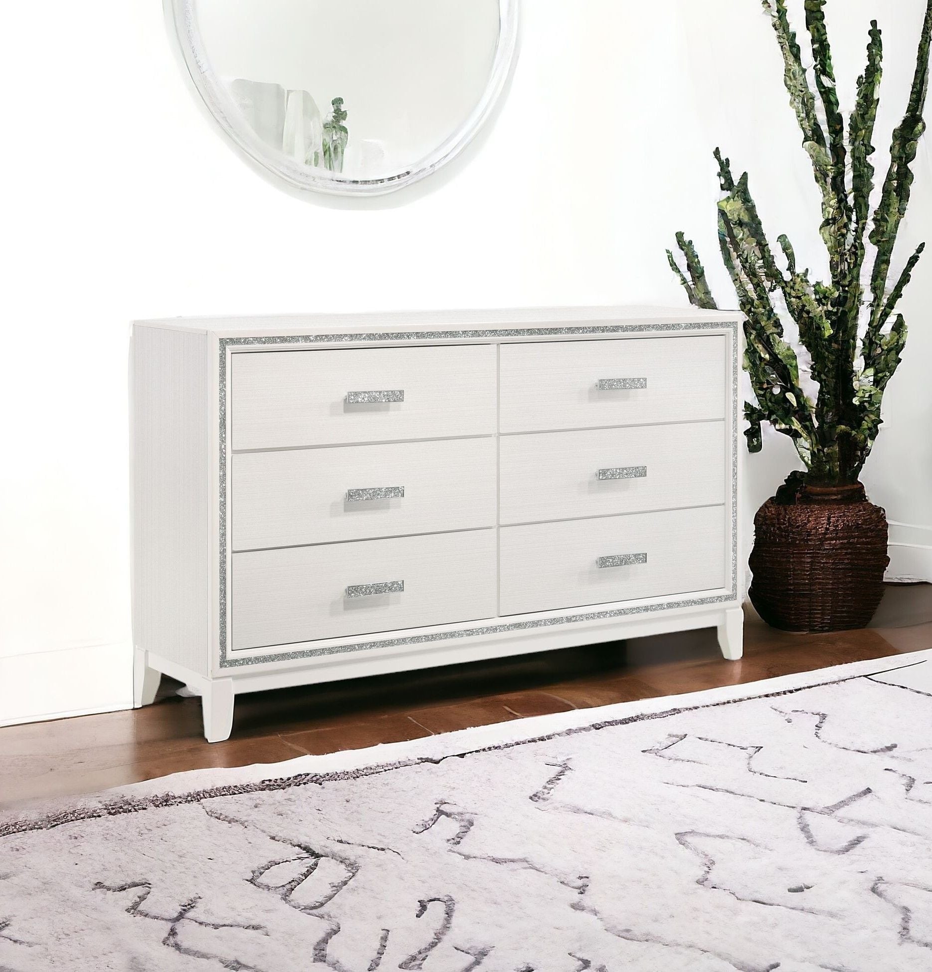 Wood Six Drawer Double Dresser - White