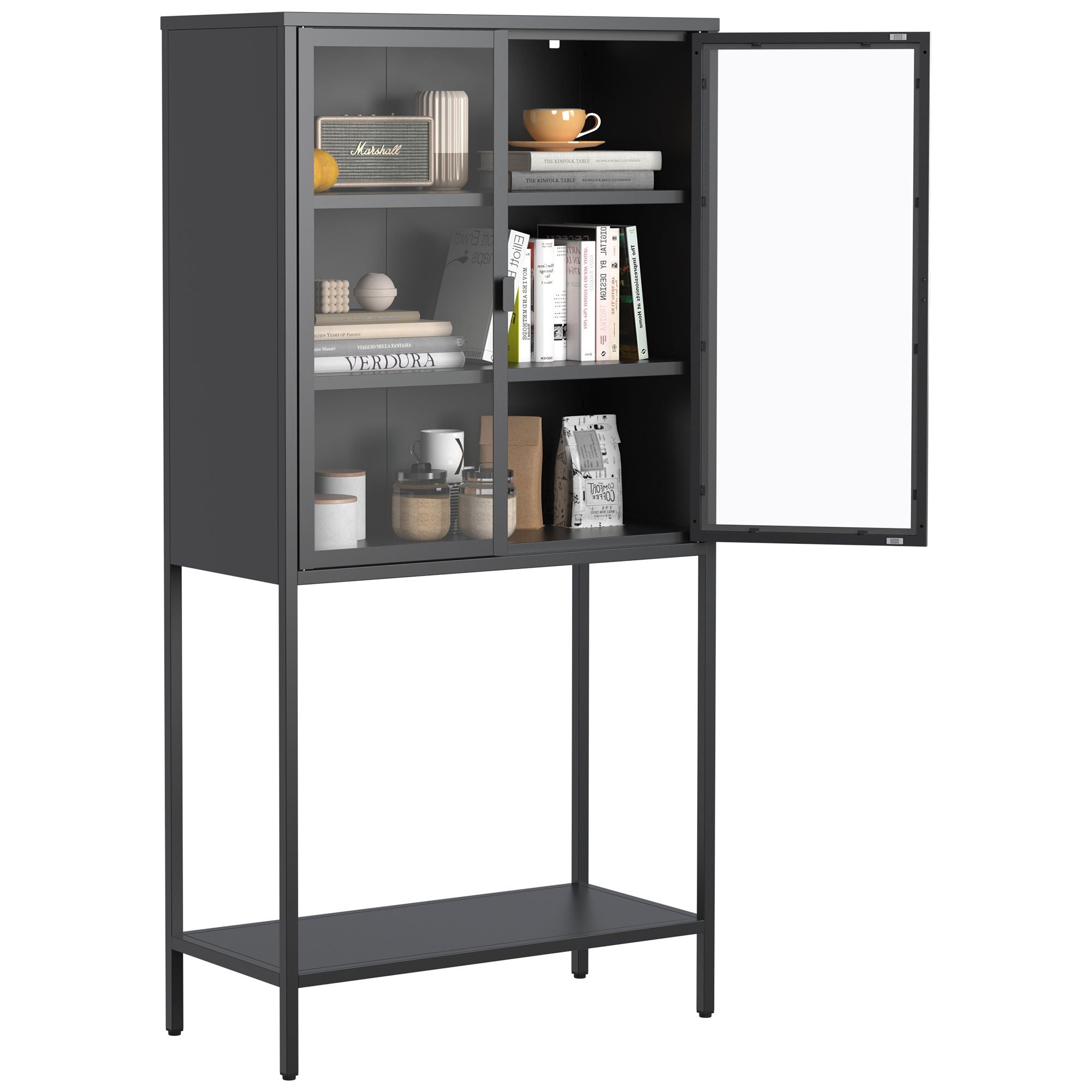 Heavy Duty Metal Storage Cabinet, Display Storage Cabinet With Glass Doors And 2 Adjustable Shelves, Tall Bookcase Modern Bookshelf Cabinet For Home Office, Living Room, Pantry