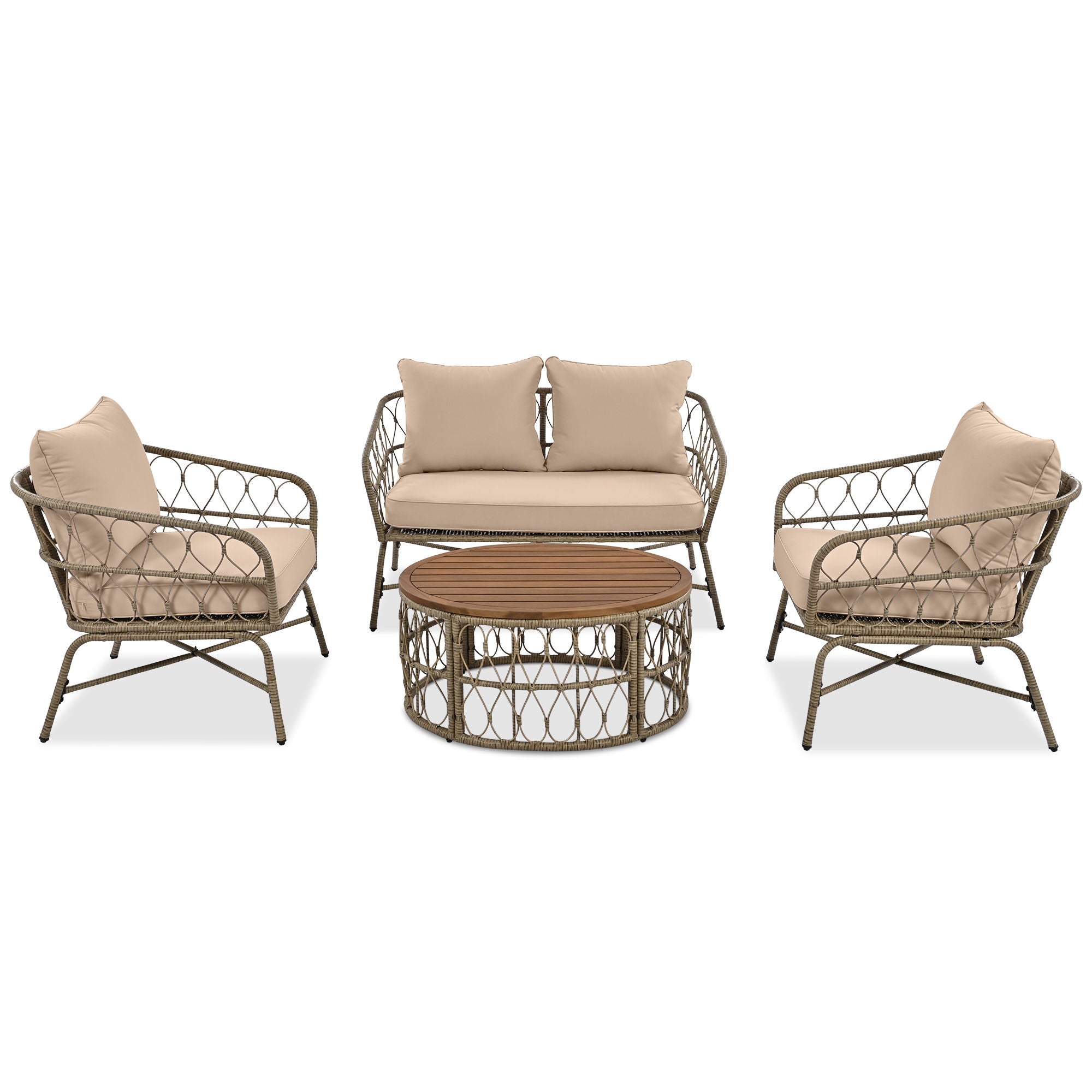 Bohemia-Inspired 4 Person Outdoor Seating Group With Removable Cushions, Conversation Patio Set With Wood Tabletop - Beige