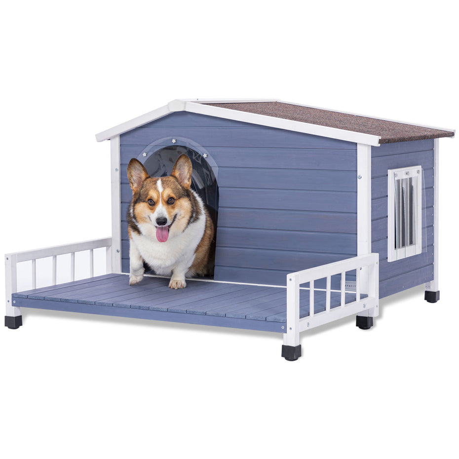 Large Wooden Dog House Indoor Outdoor With Terrace And Open Waterproof Asphalt Roof, Outdoor Dog House With Raised Floor, Windows And Door Curtains, Suitable For Small And Medium Dogs - Gray