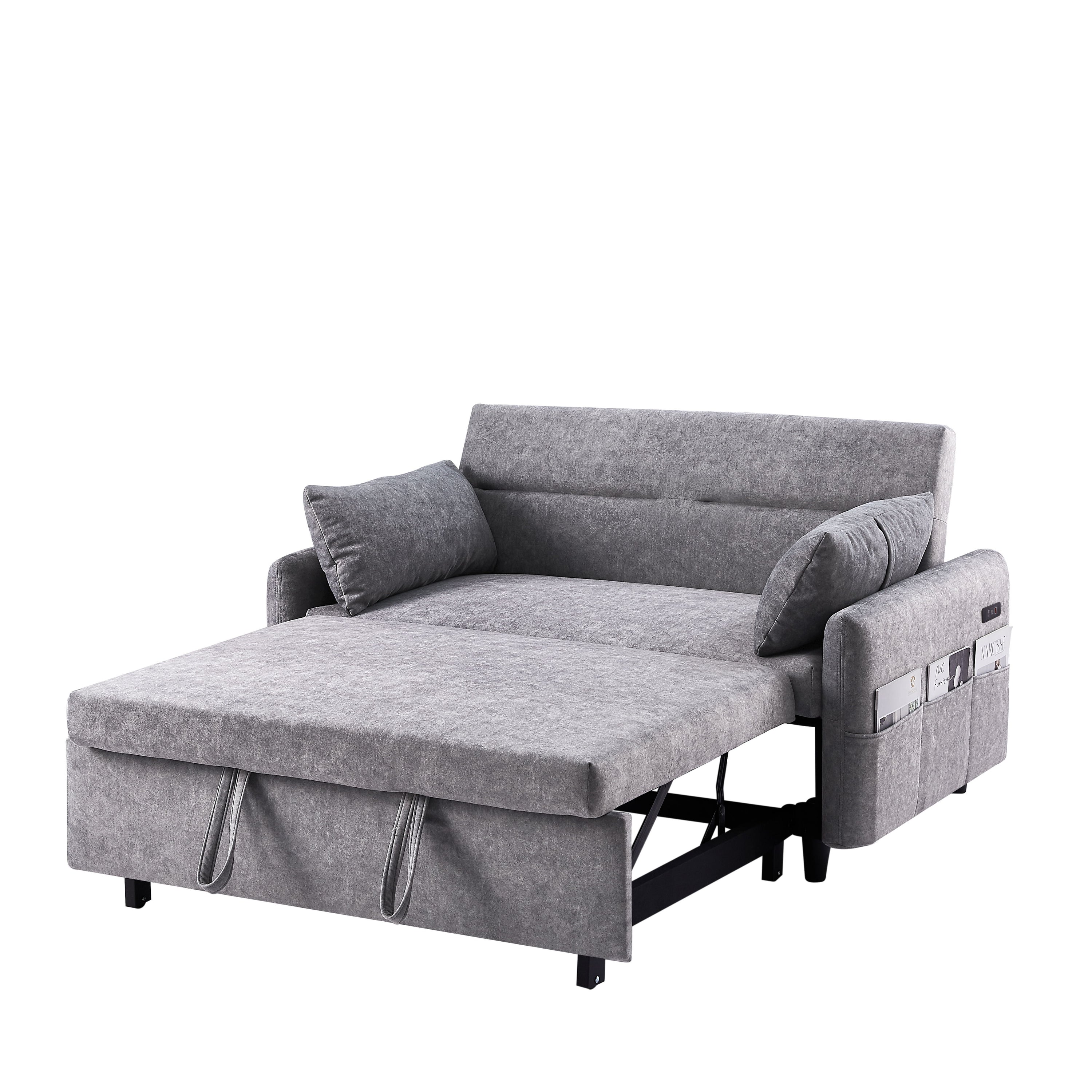 Pull Out Sleep Sofa Bed Loveseats Sofa Couch With Adjsutable Backrest, Storage Pockets, 2 Soft Pillows, USB Ports For Living Room