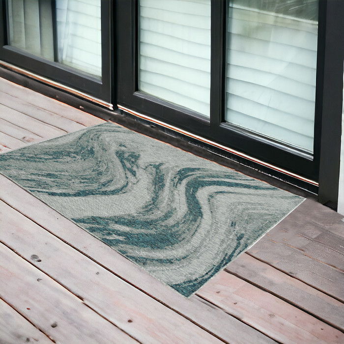 3' X 4' Machine Woven UV Treated Abstract Waves Indoor / Outdoor Accent Rug - Gray Teal