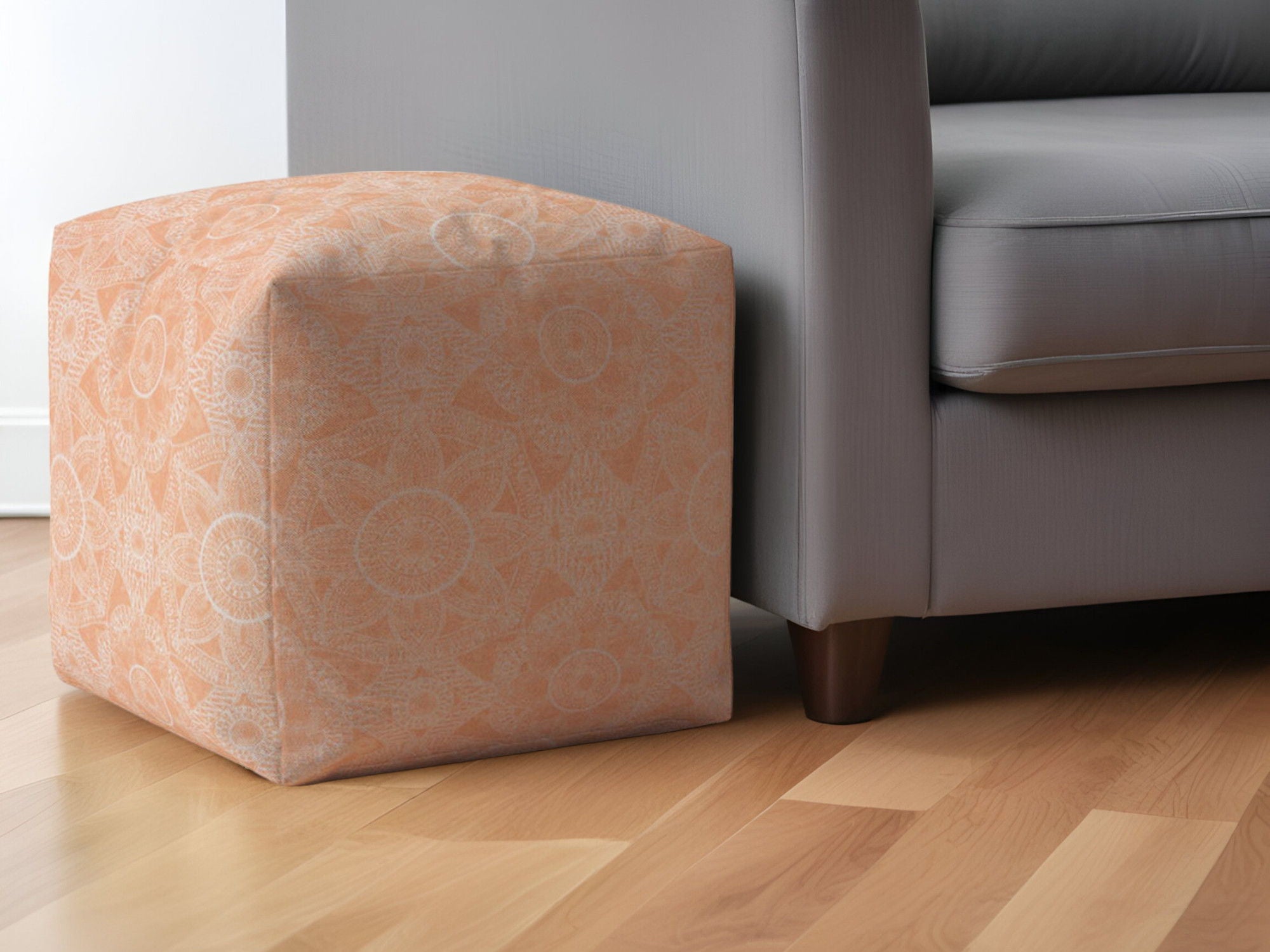 Cotton Floral Pouf Ottoman - Orange