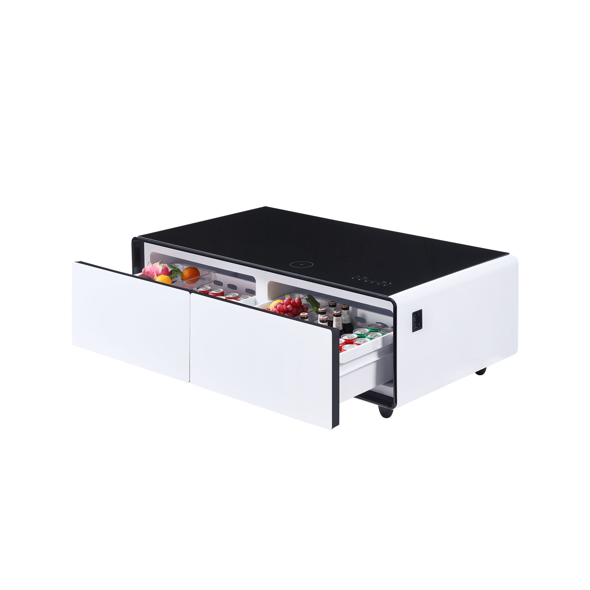 Modern Smart Coffee Table With Built-In Fridge, Bluetooth Speaker, Wireless Charging Module, Touch Control Panel, Power Socket, USB Interface, Outlet Protection, Atmosphere Light