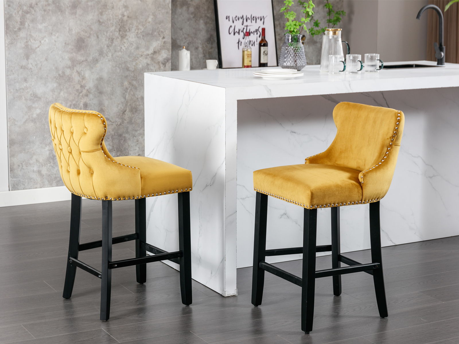 Contemporary Velvet Upholstered Wing-Back Barstools With Button Tufted Decoration And Wooden Legs, And Chrome Nailhead Trim, Leisure Style Bar Chairs, Bar Stools (Set of 4)