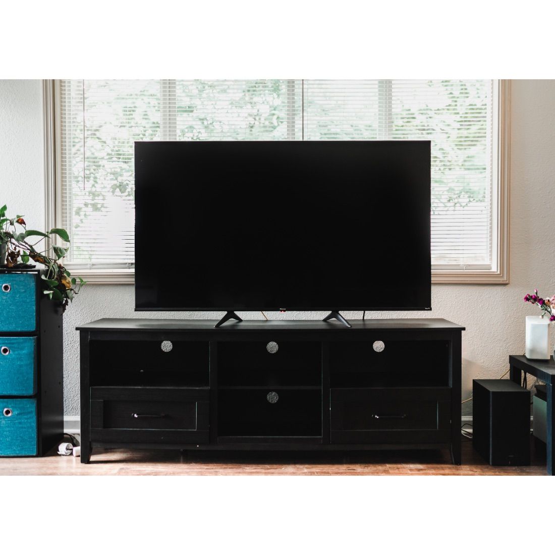 Open Shelving TV Stand With Bookcase And Two Drawers - Black