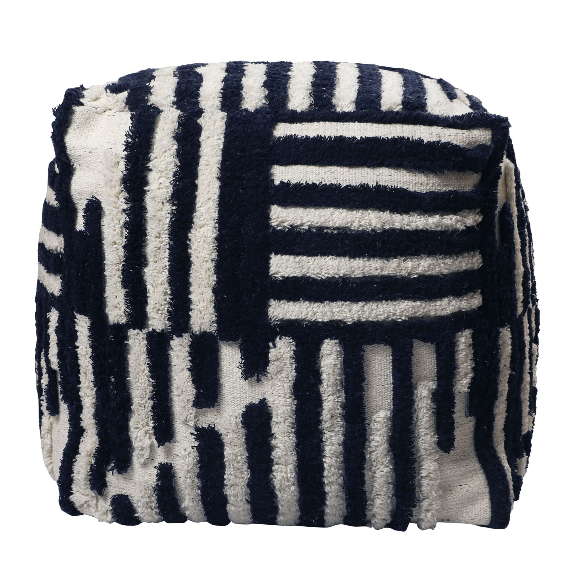 Cotton Cube, Striped Pouf Ottoman - Blue