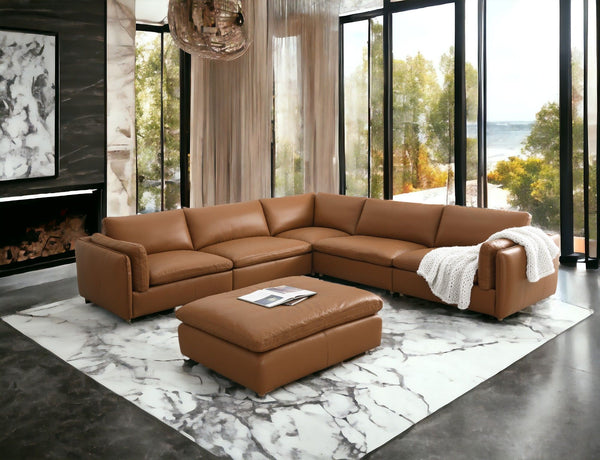 Brighton - Top Grain Leather 6 Pieces Modular Sectional With 1 Ottoman - Brown